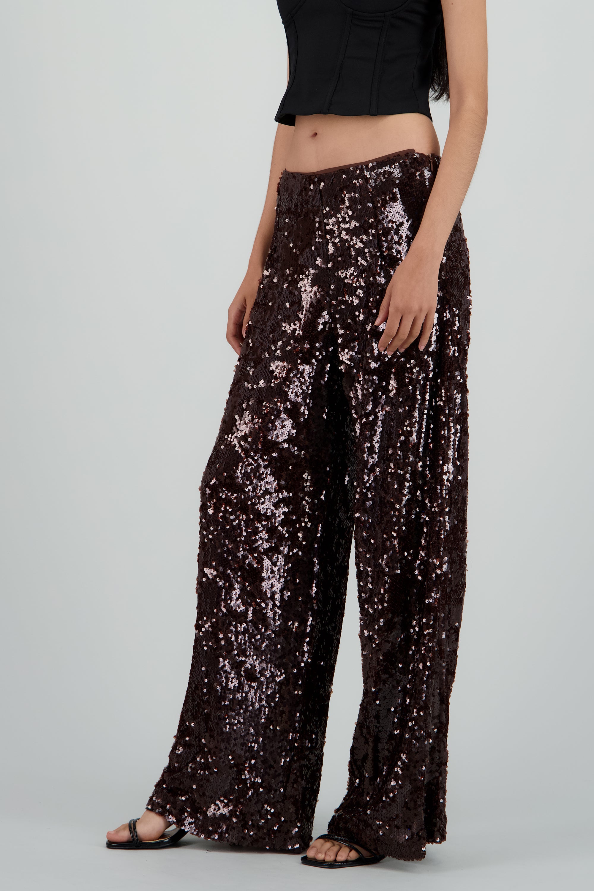 PANTALON AMPLIO LENTEJUELAS CAFE
