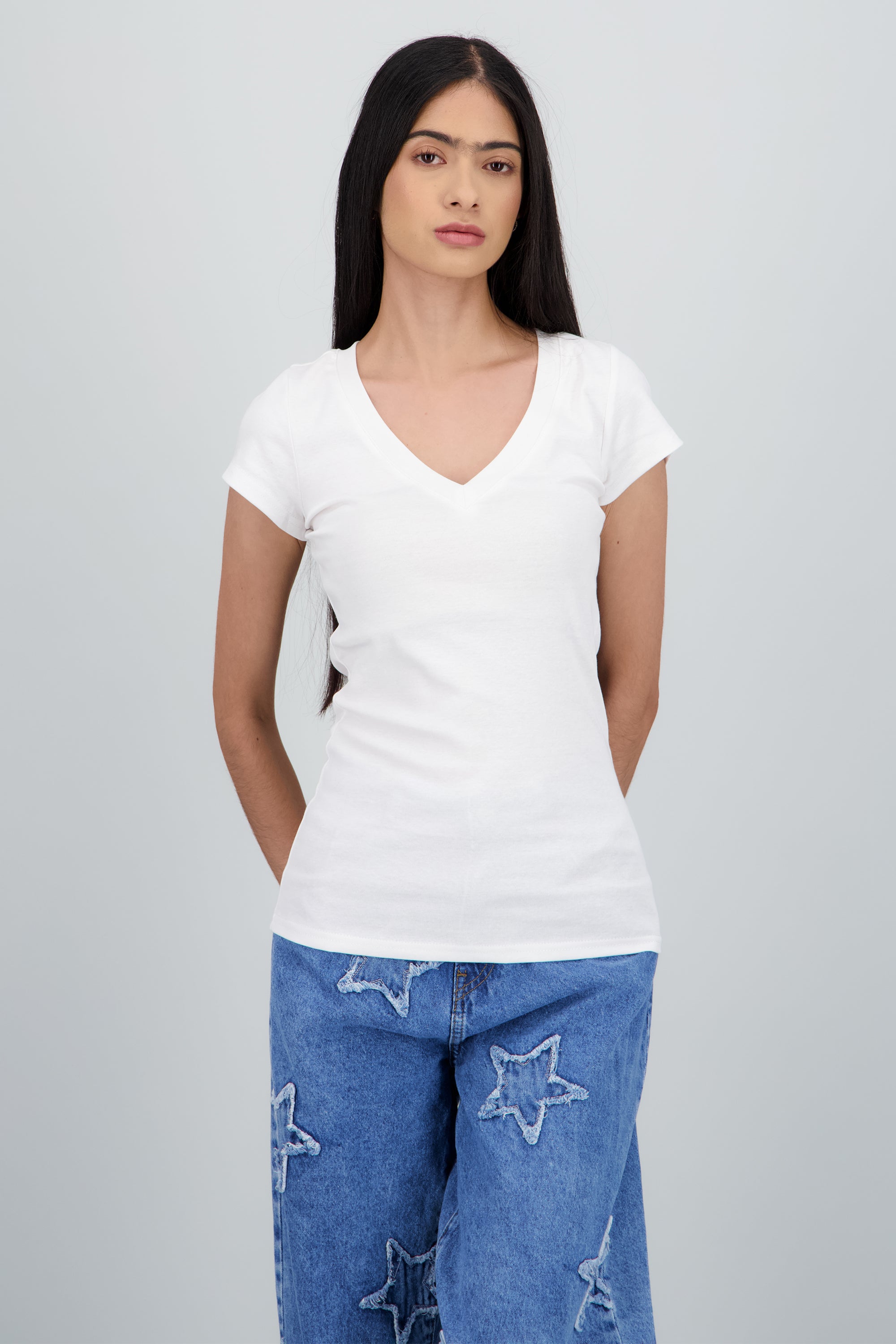 Playera lisa manga corta cuello v BLANCO