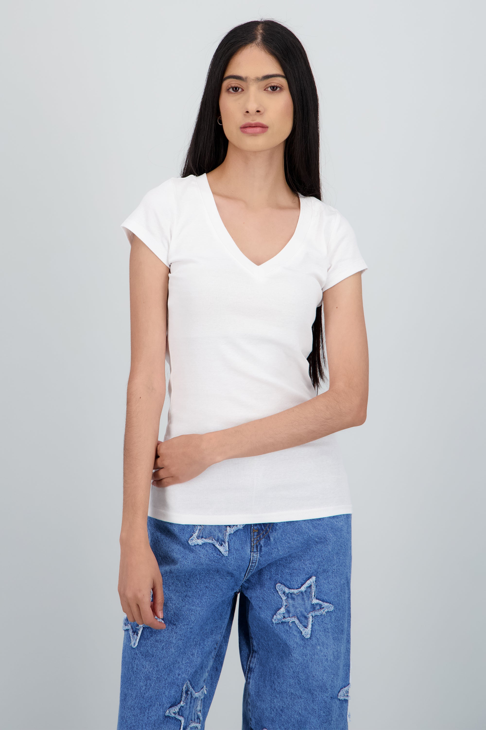 Playera lisa manga corta cuello v BLANCO