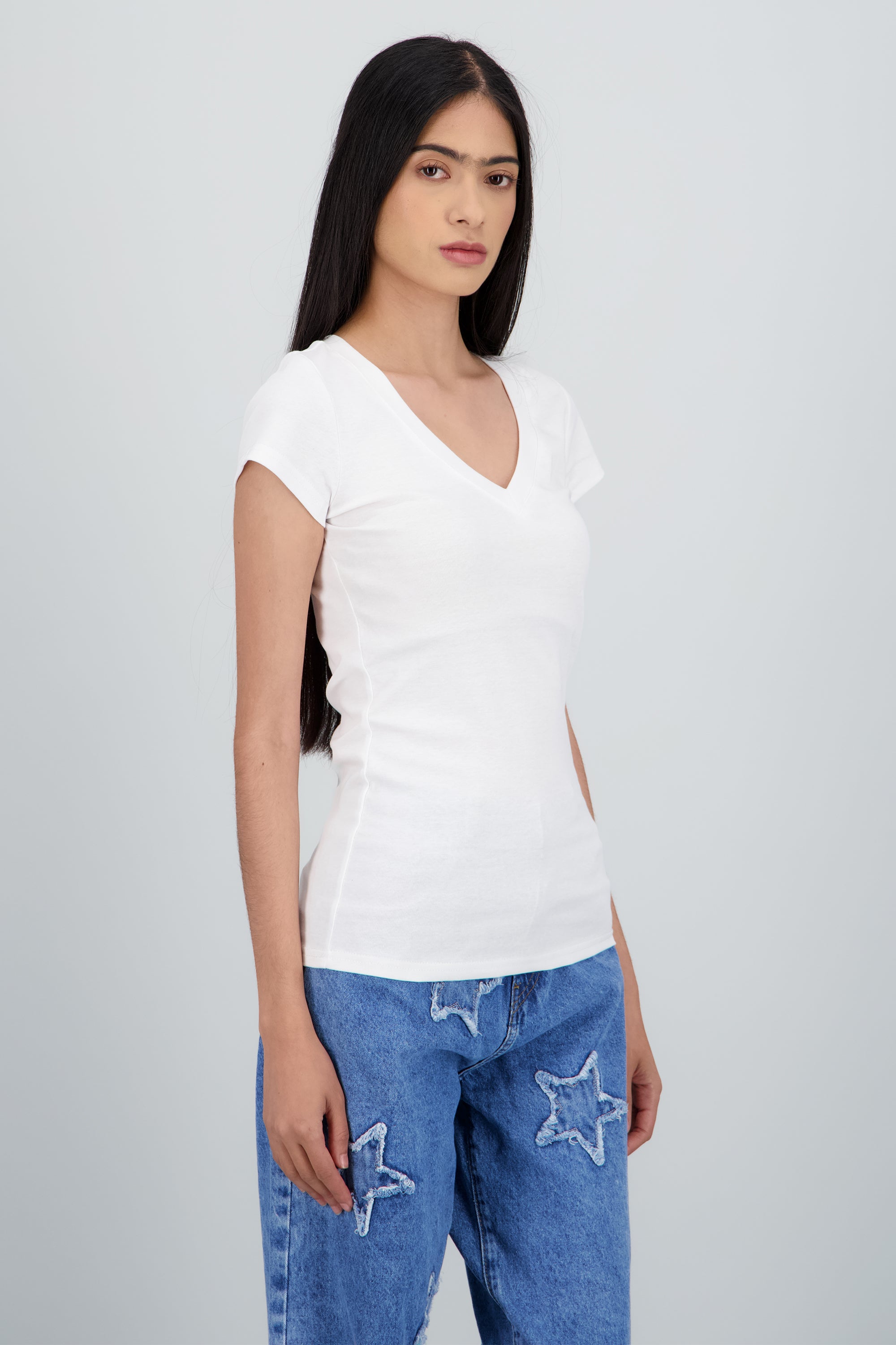 Playera lisa manga corta cuello v BLANCO