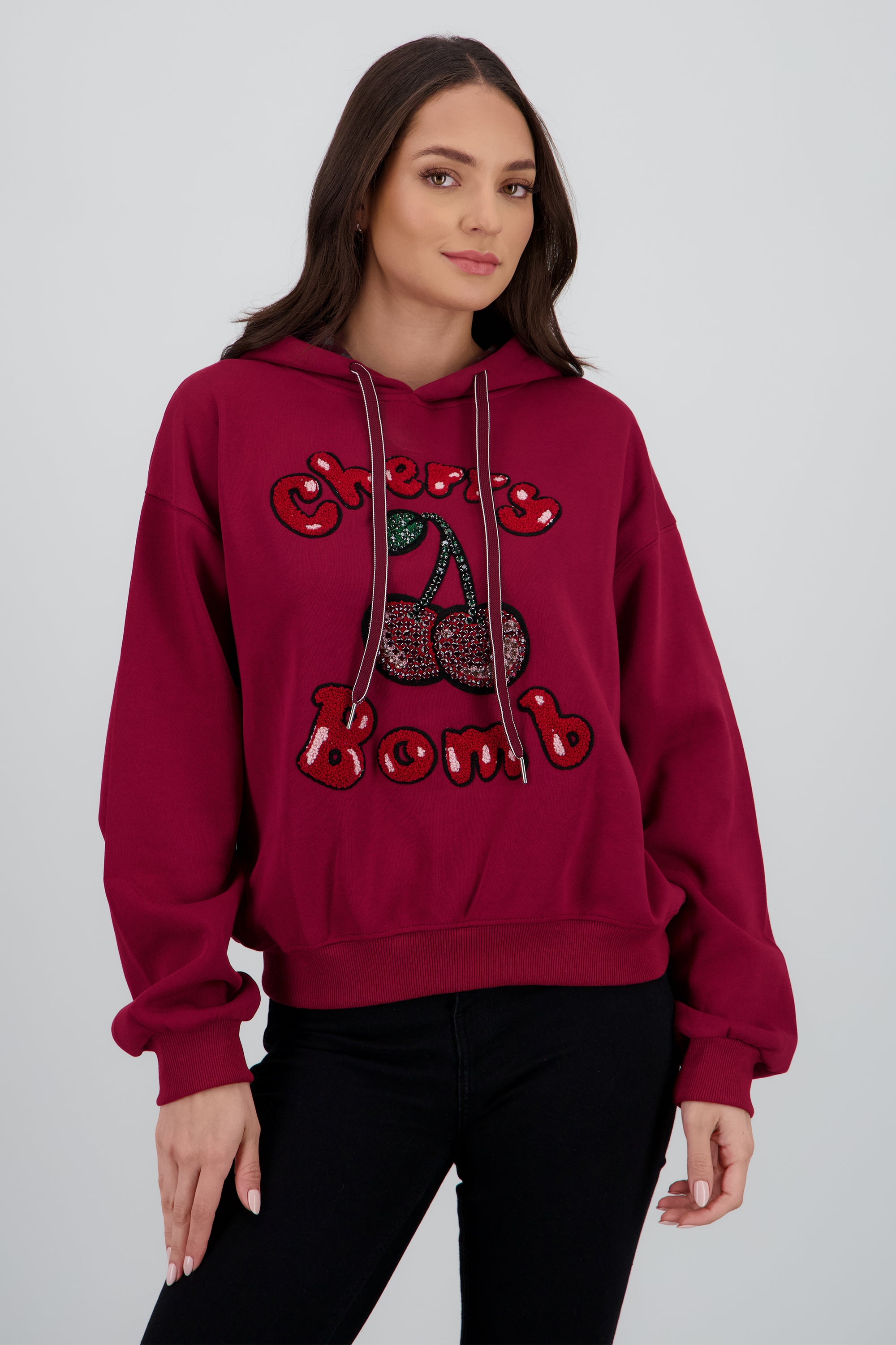 Sudadera con gorro estampado cherry CIRUELA