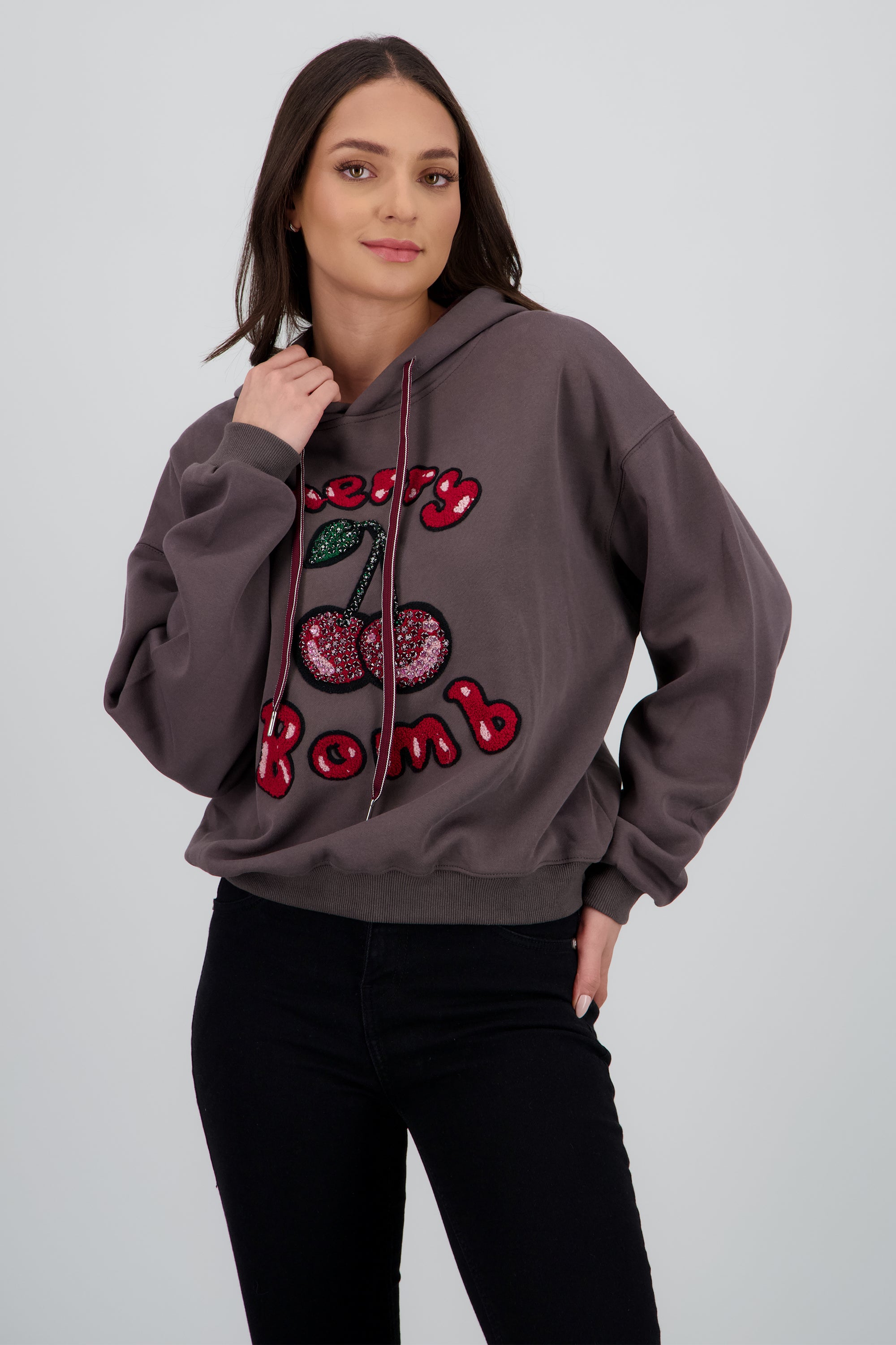 Sudadera con gorro estampado cherry GRIS
