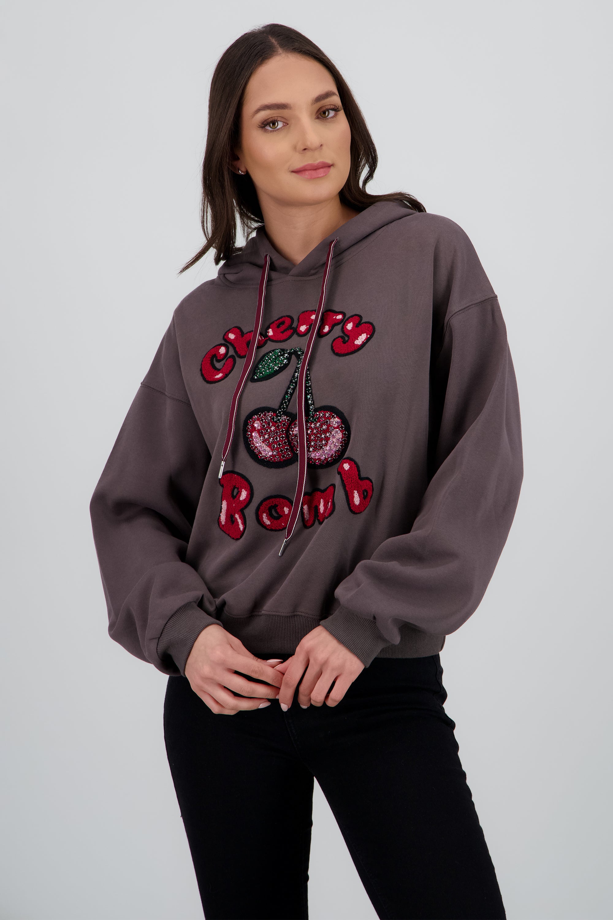 Sudadera con gorro estampado cherry GRIS