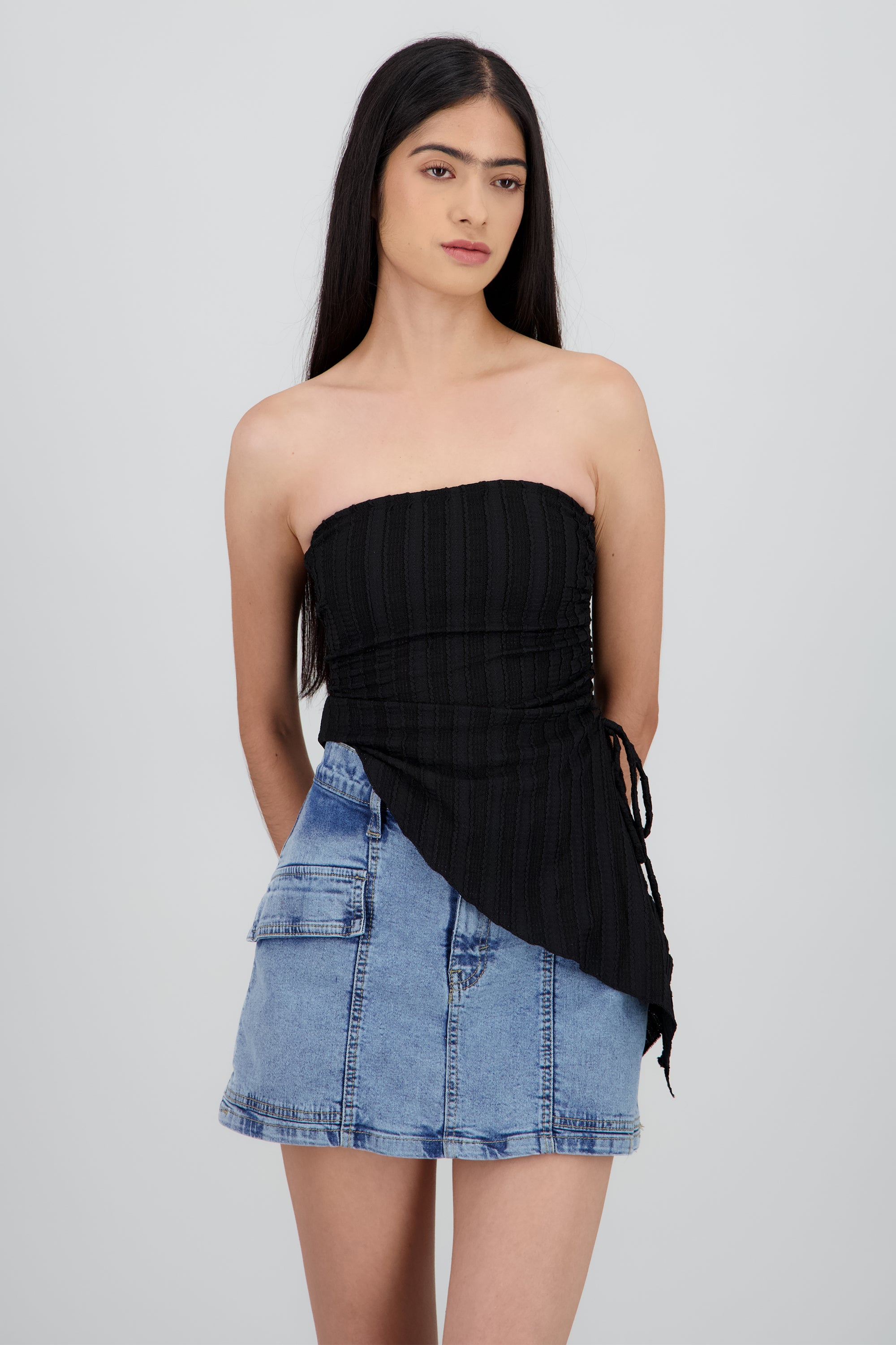 Top tubo abertura de lado rayas NEGRO