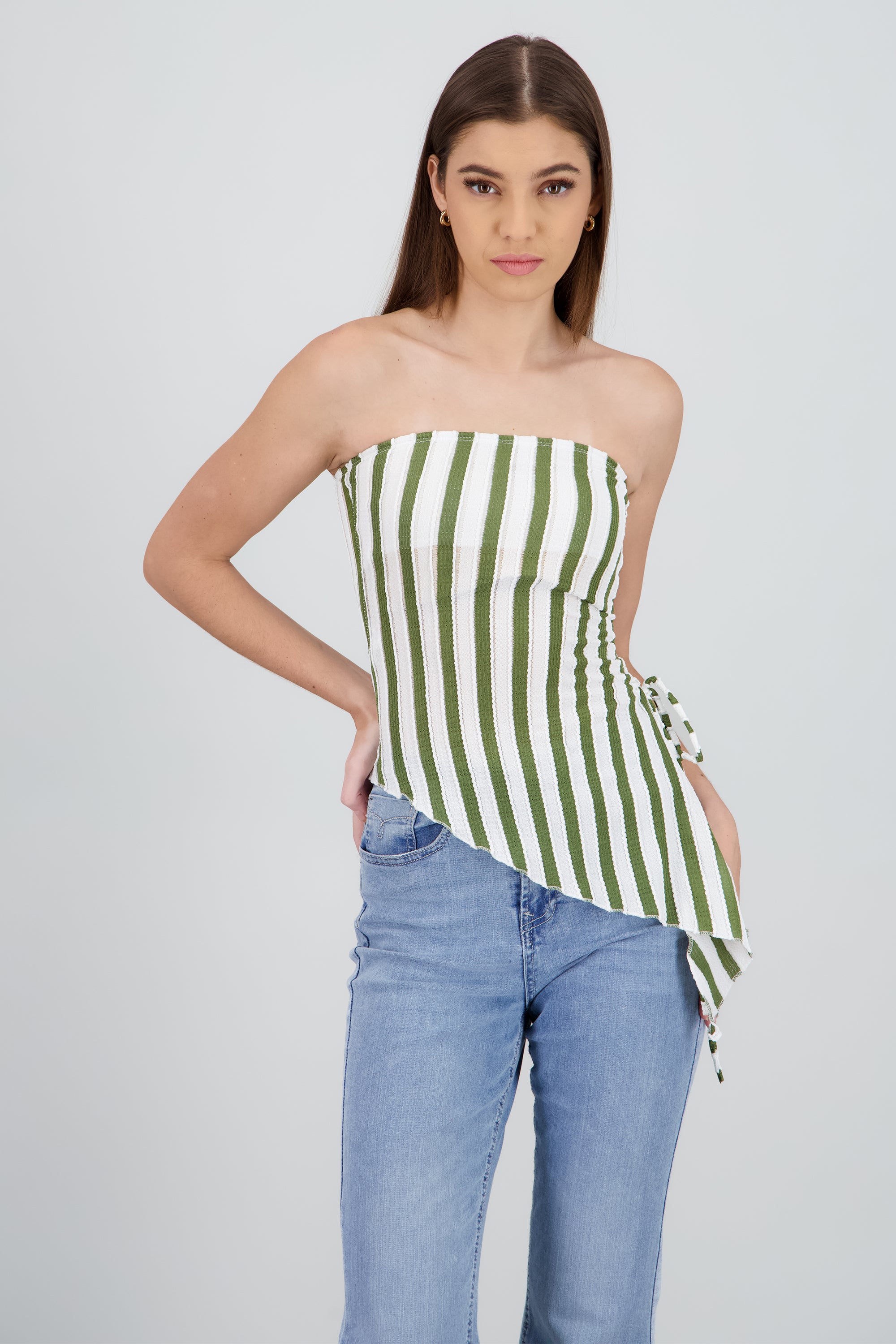 Top tubo abertura de lado rayas OLIVO COMBO