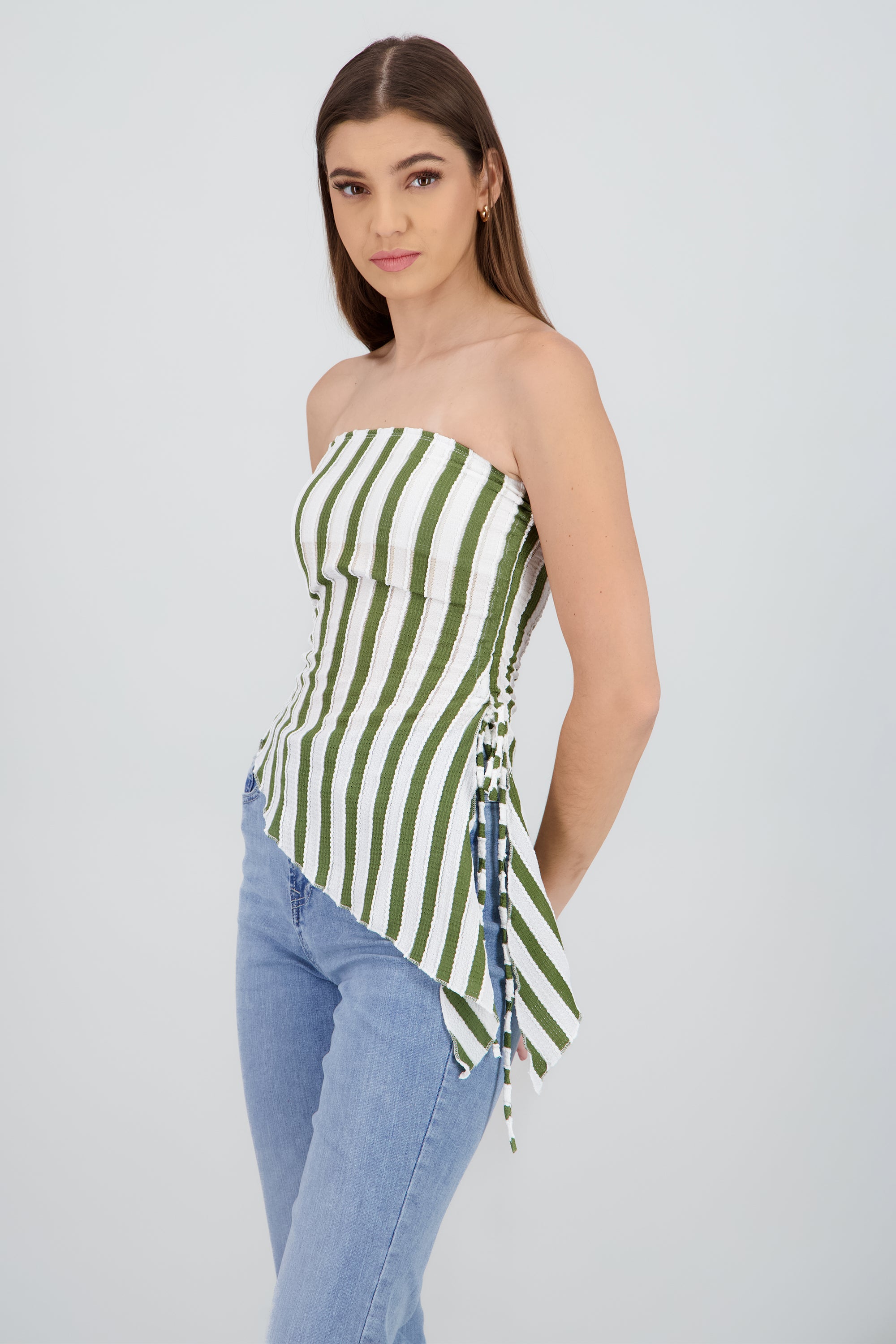 Top tubo abertura de lado rayas OLIVO COMBO