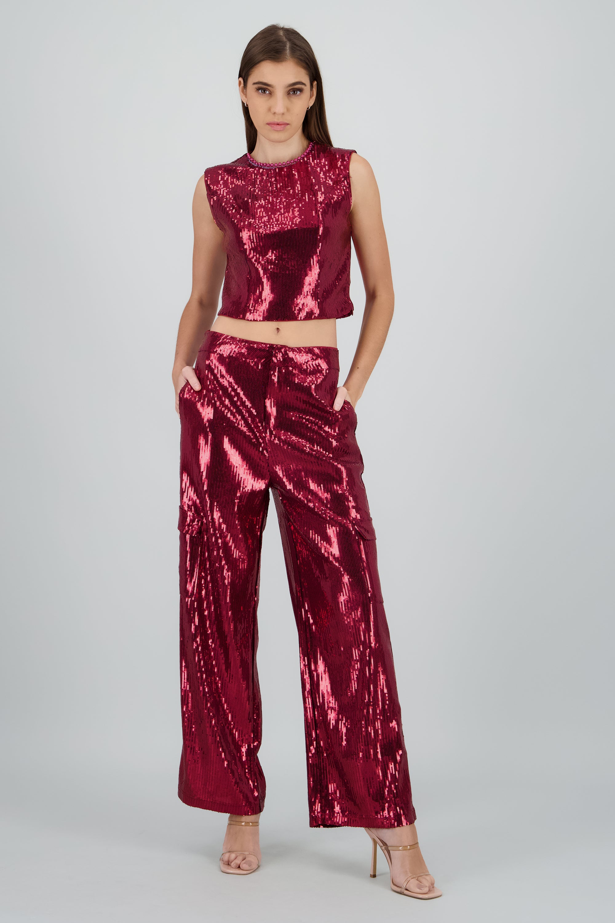 Pantalon recto de lentejuela CIRUELA