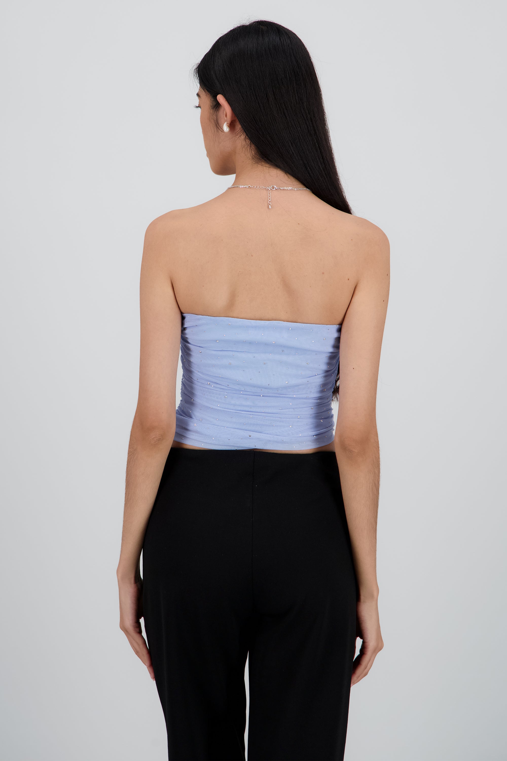 Top tubo de mesh con tela de brillos AZUL CIELO