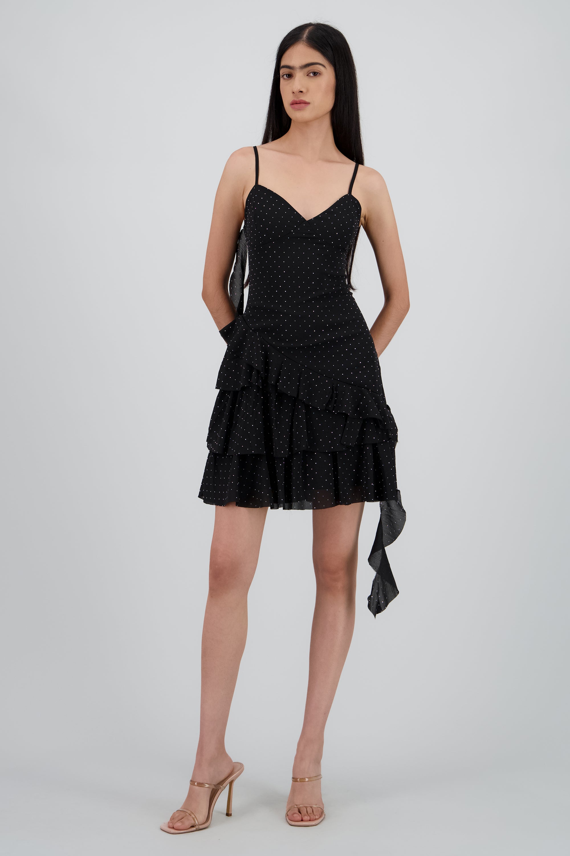 Vestido corte asimetrico con mini brillos NEGRO