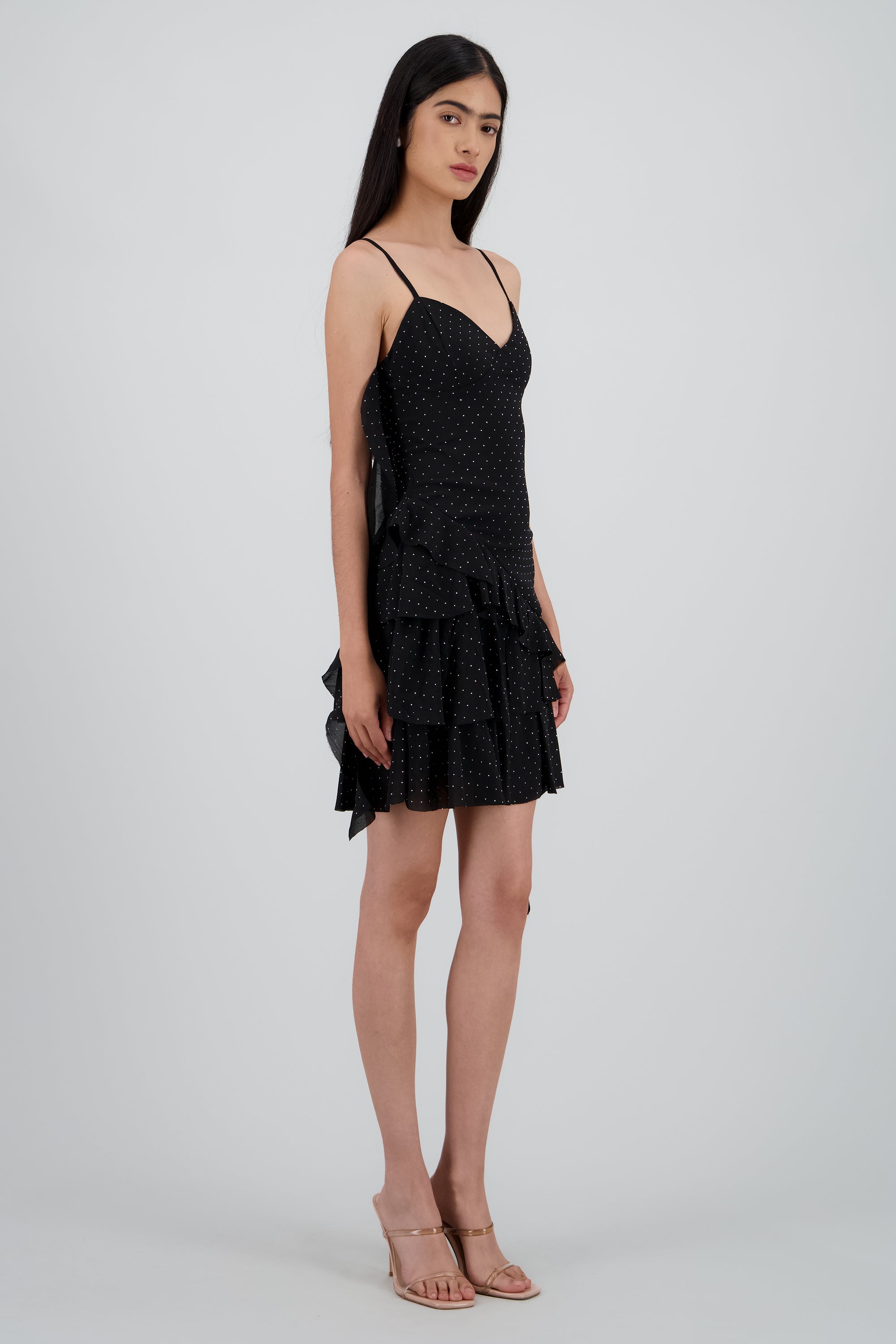 Vestido corte asimetrico con mini brillos NEGRO