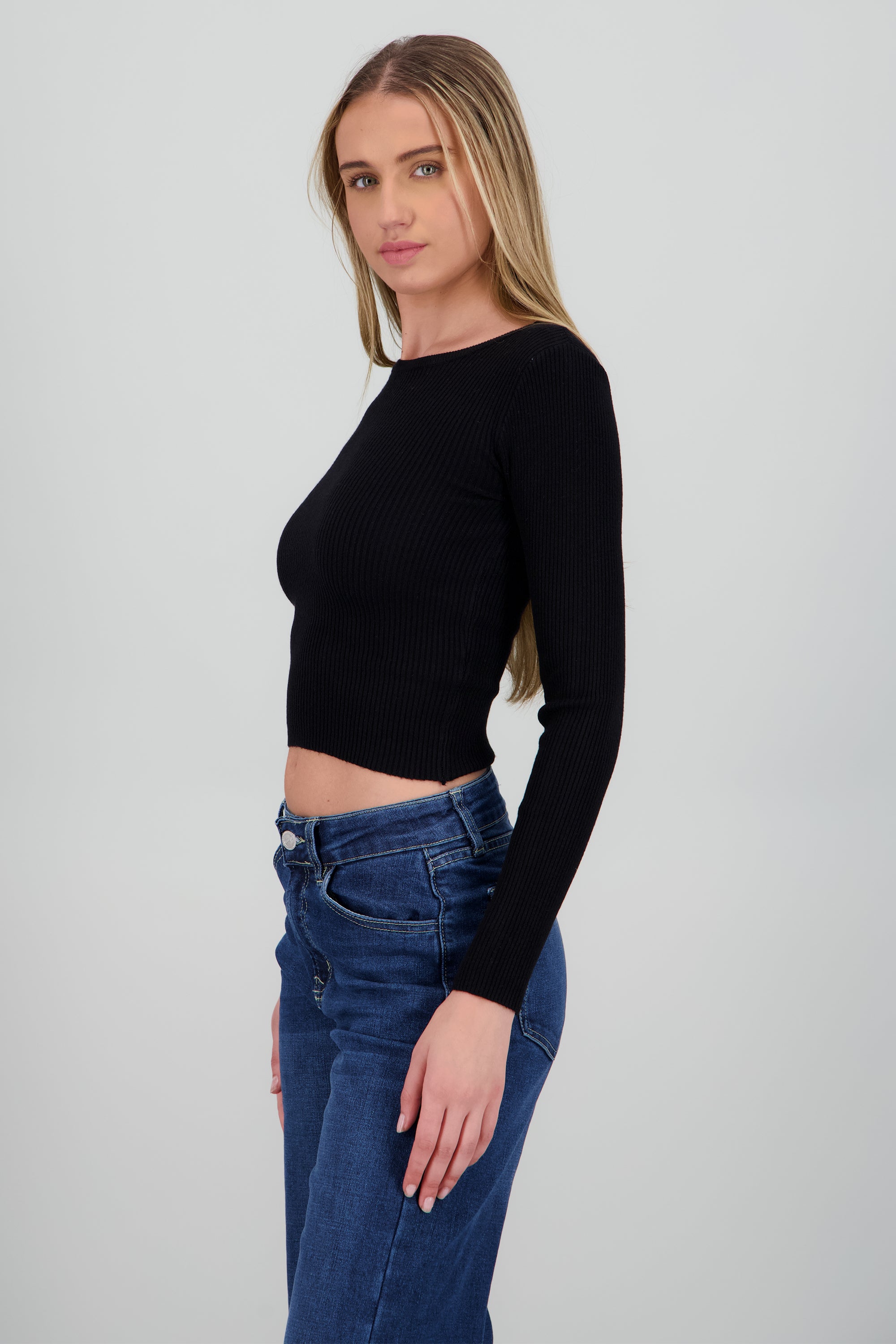 Top crop manga larga liso NEGRO