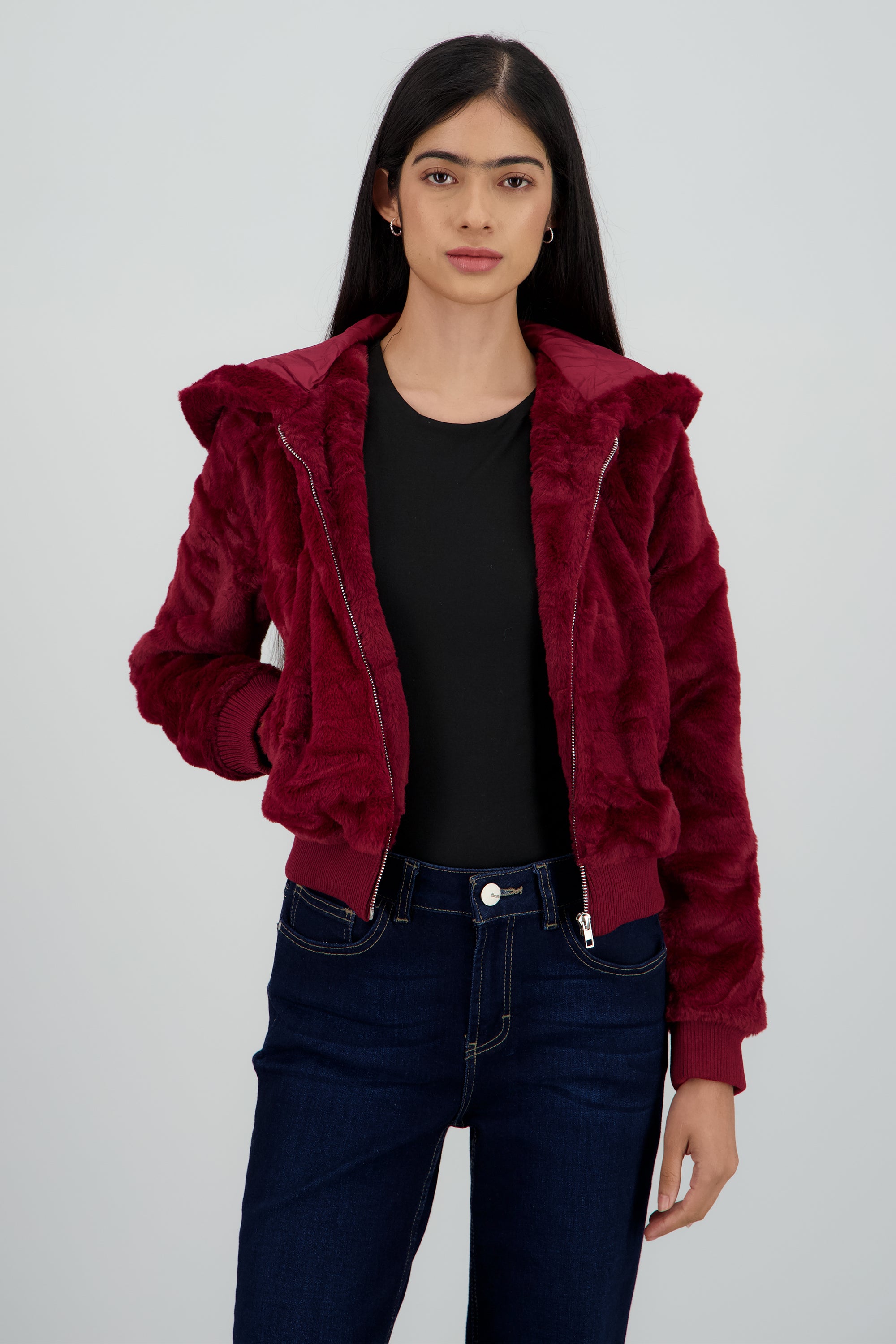 Chamarra pelo con gorro ROJO QUEMADO