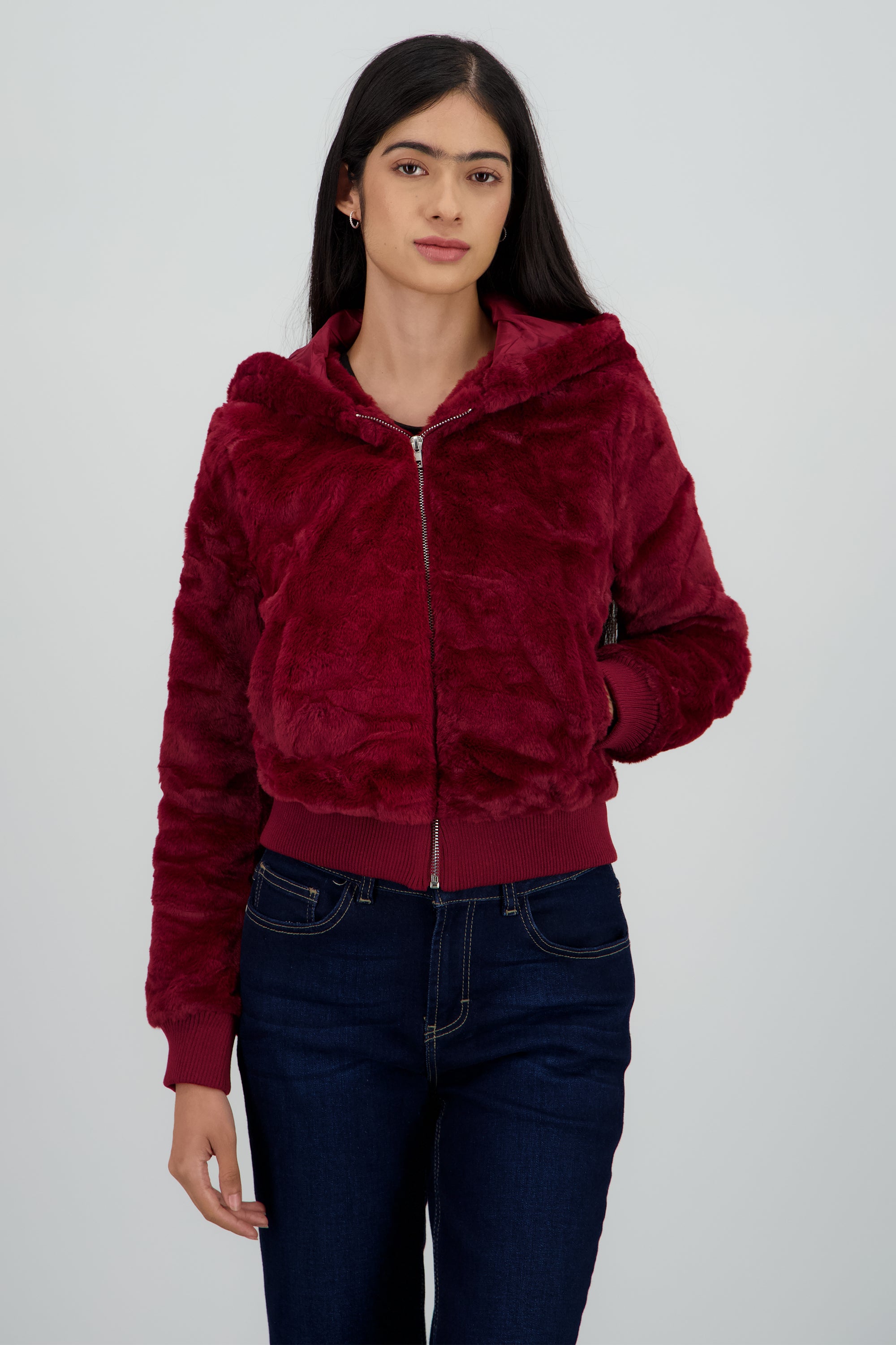 Chamarra pelo con gorro ROJO QUEMADO