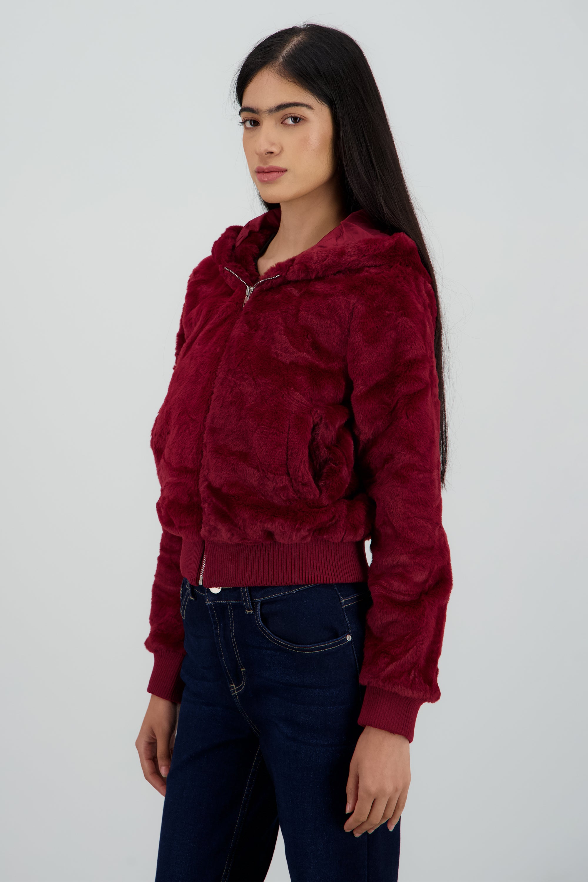 Chamarra pelo con gorro ROJO QUEMADO