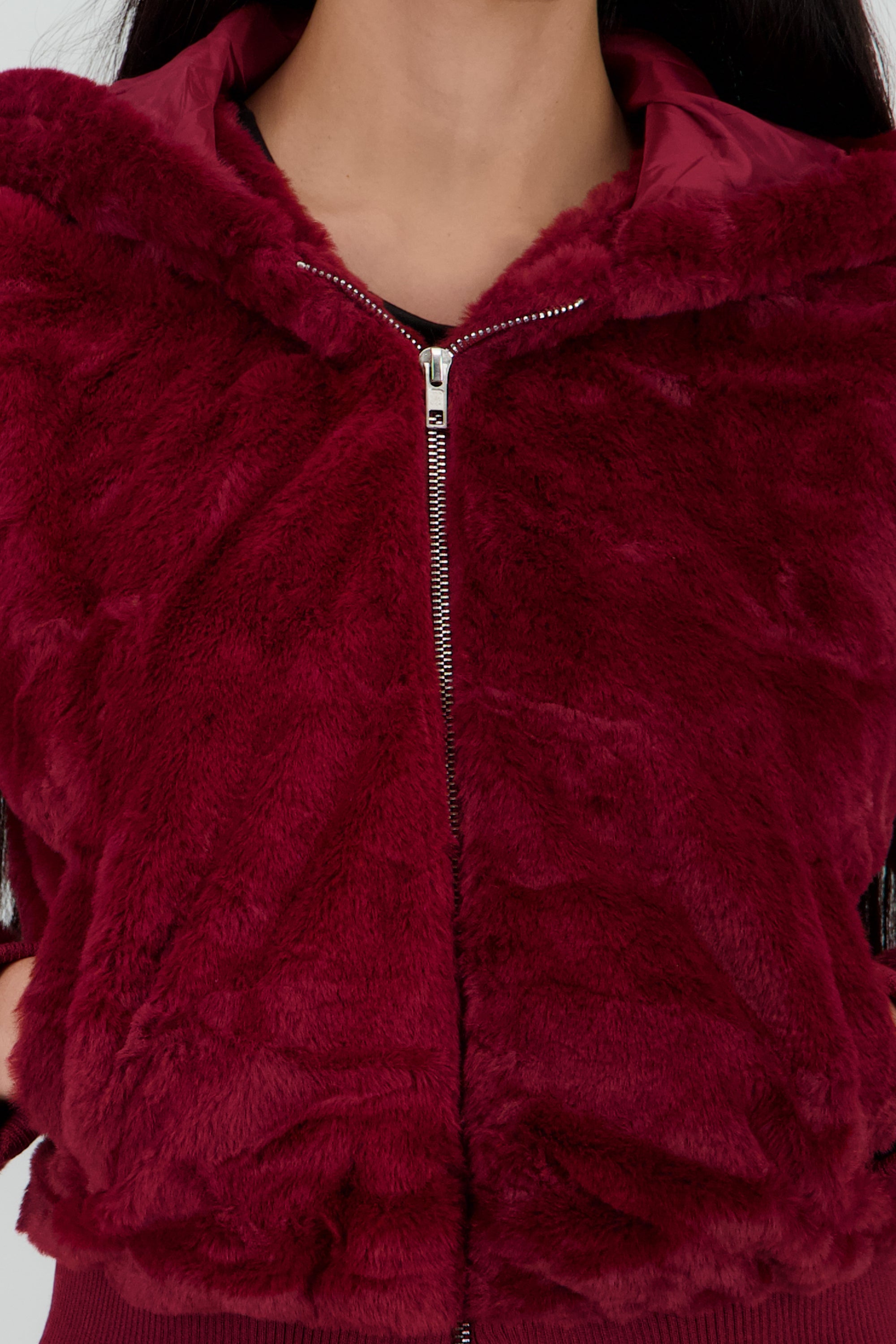 Chamarra pelo con gorro ROJO QUEMADO