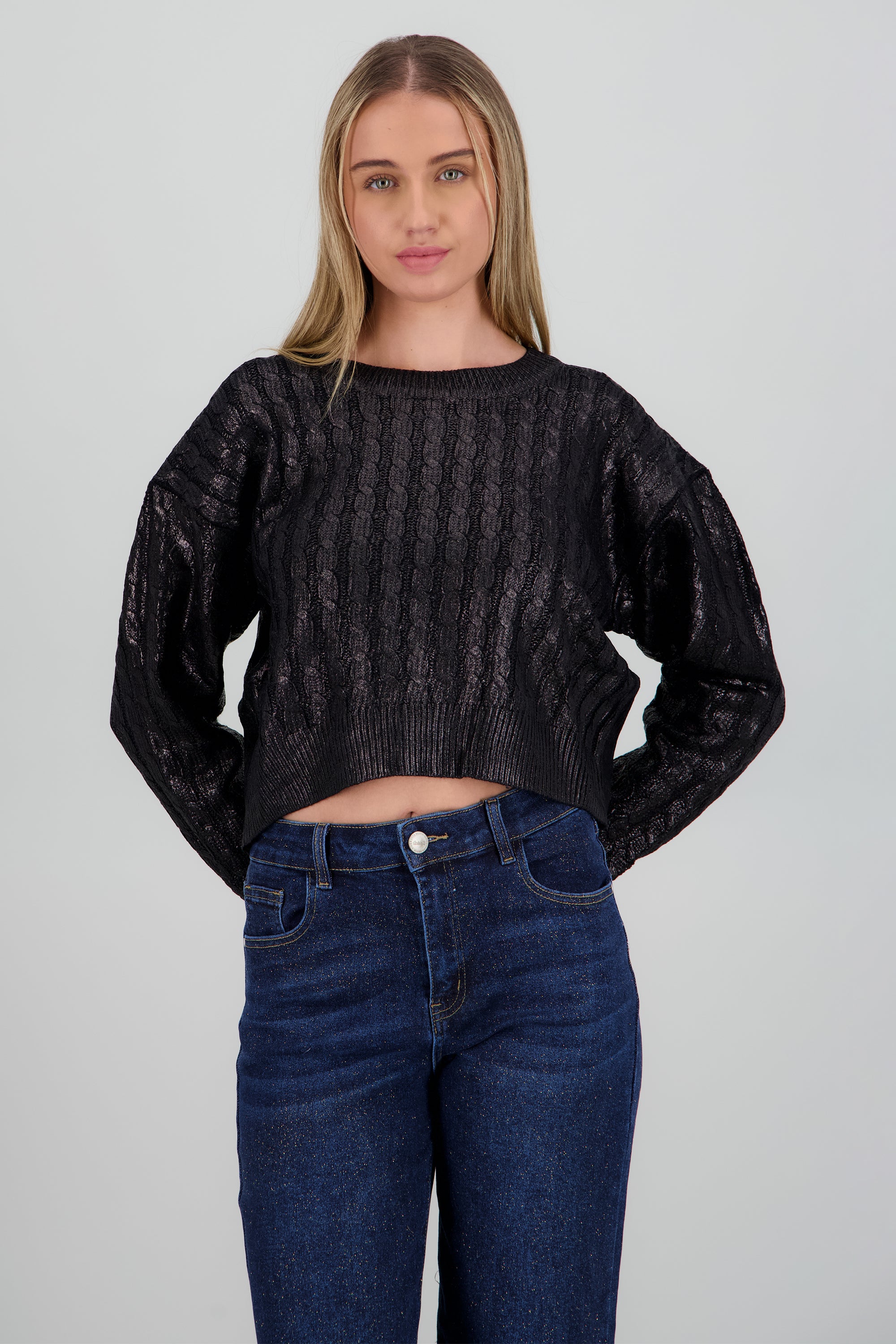 Sueter manga larga trenzado foil NEGRO