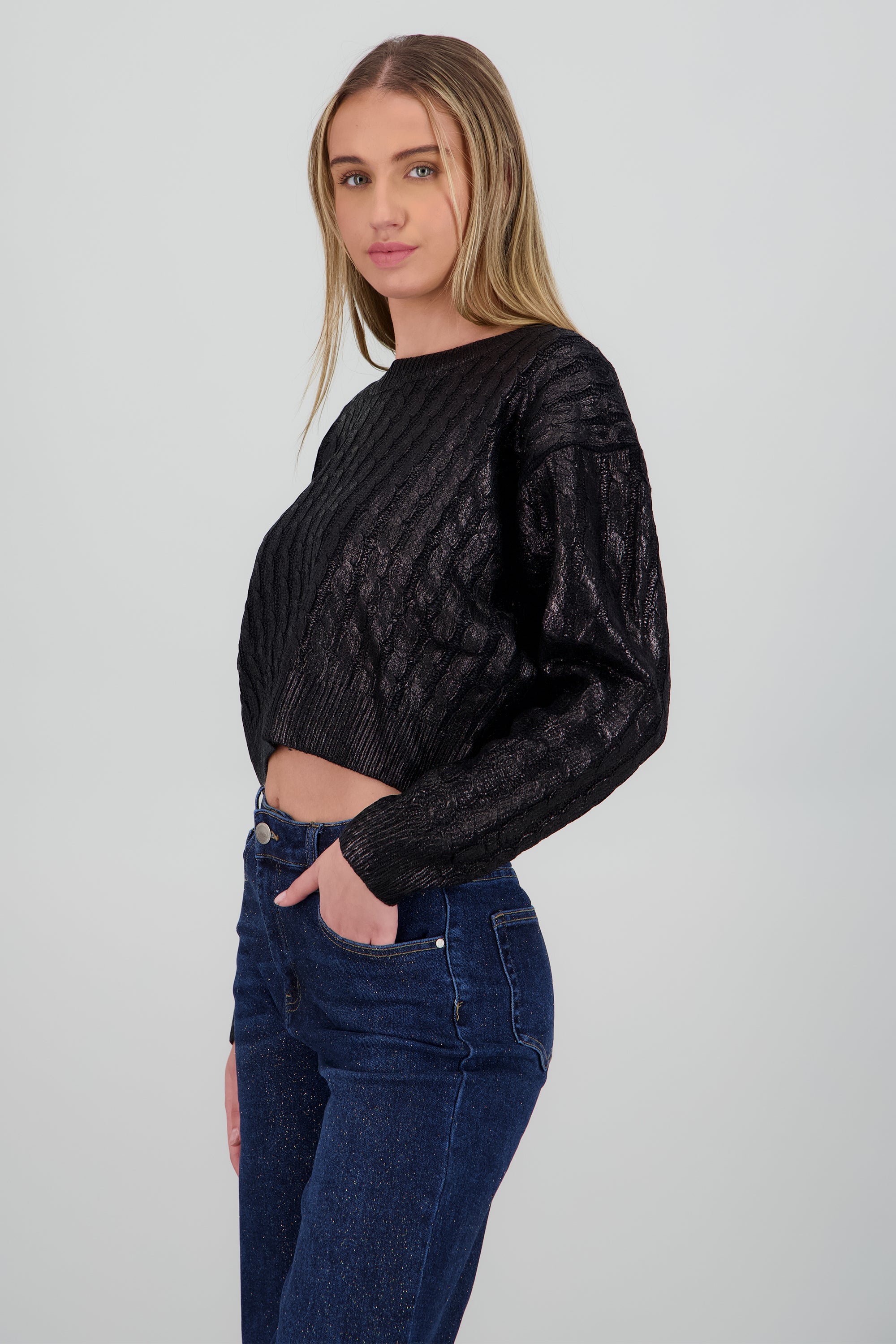 Sueter manga larga trenzado foil NEGRO