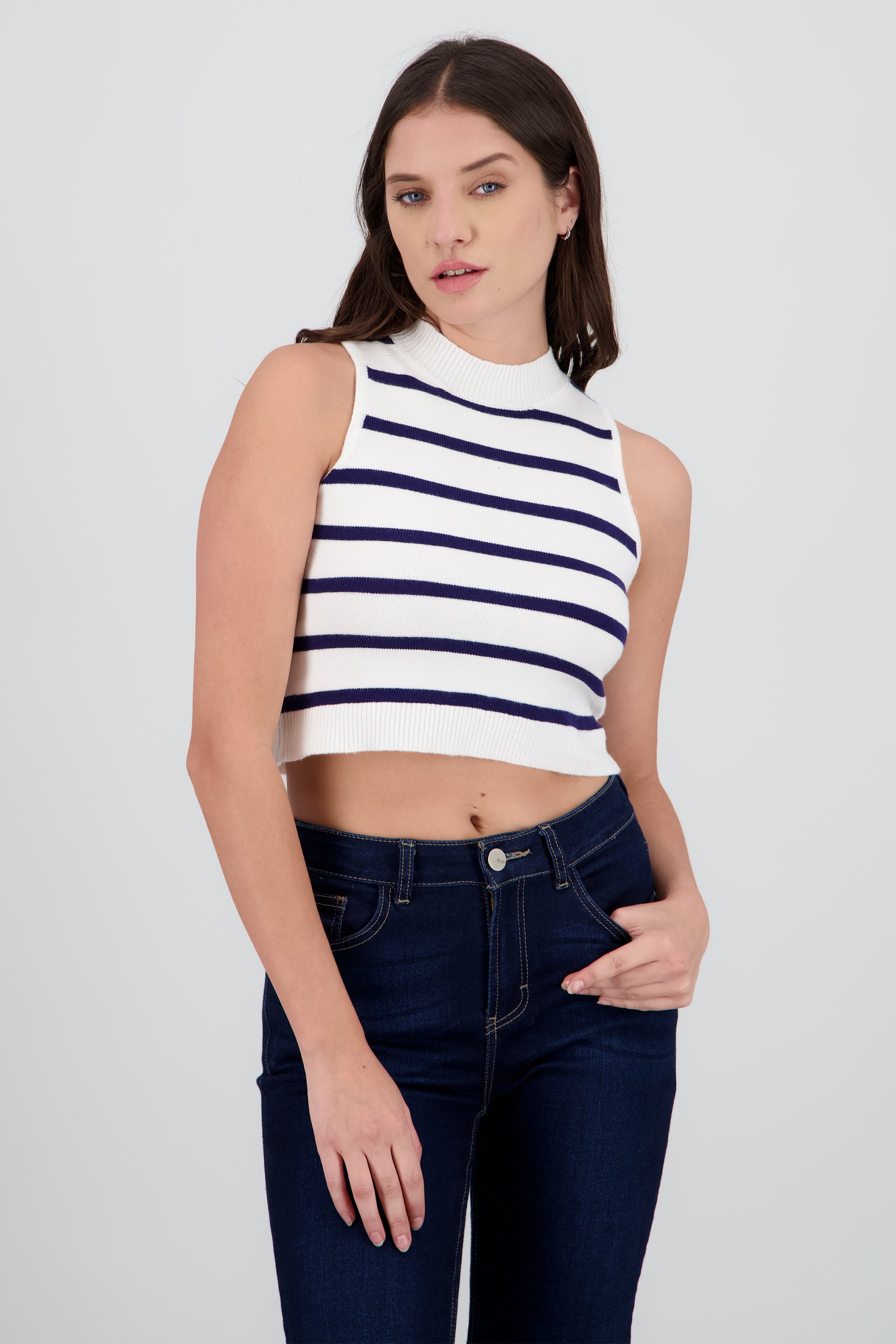 Top crop rayas cuello alto MARINO
