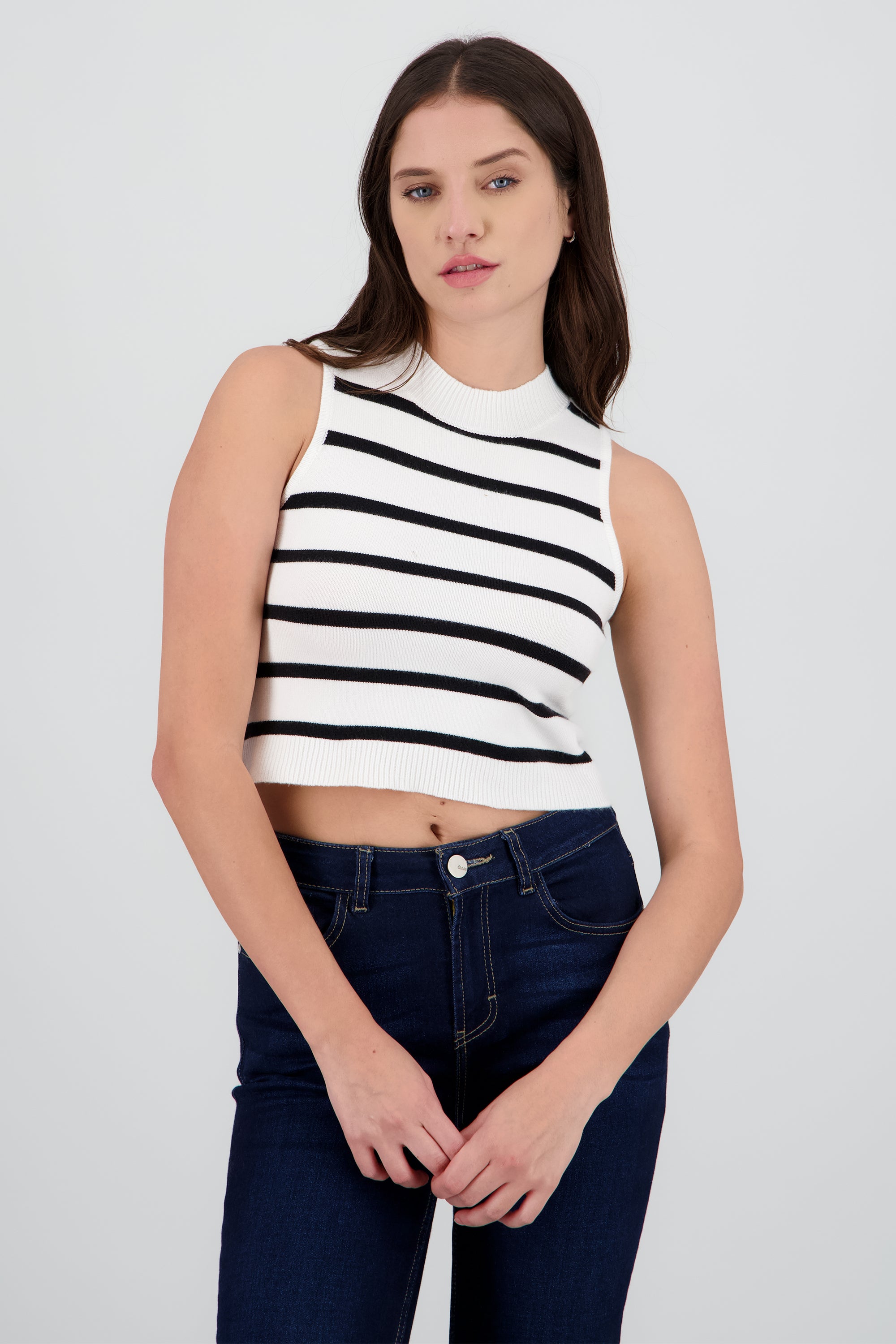Top crop rayas cuello alto NEGRO