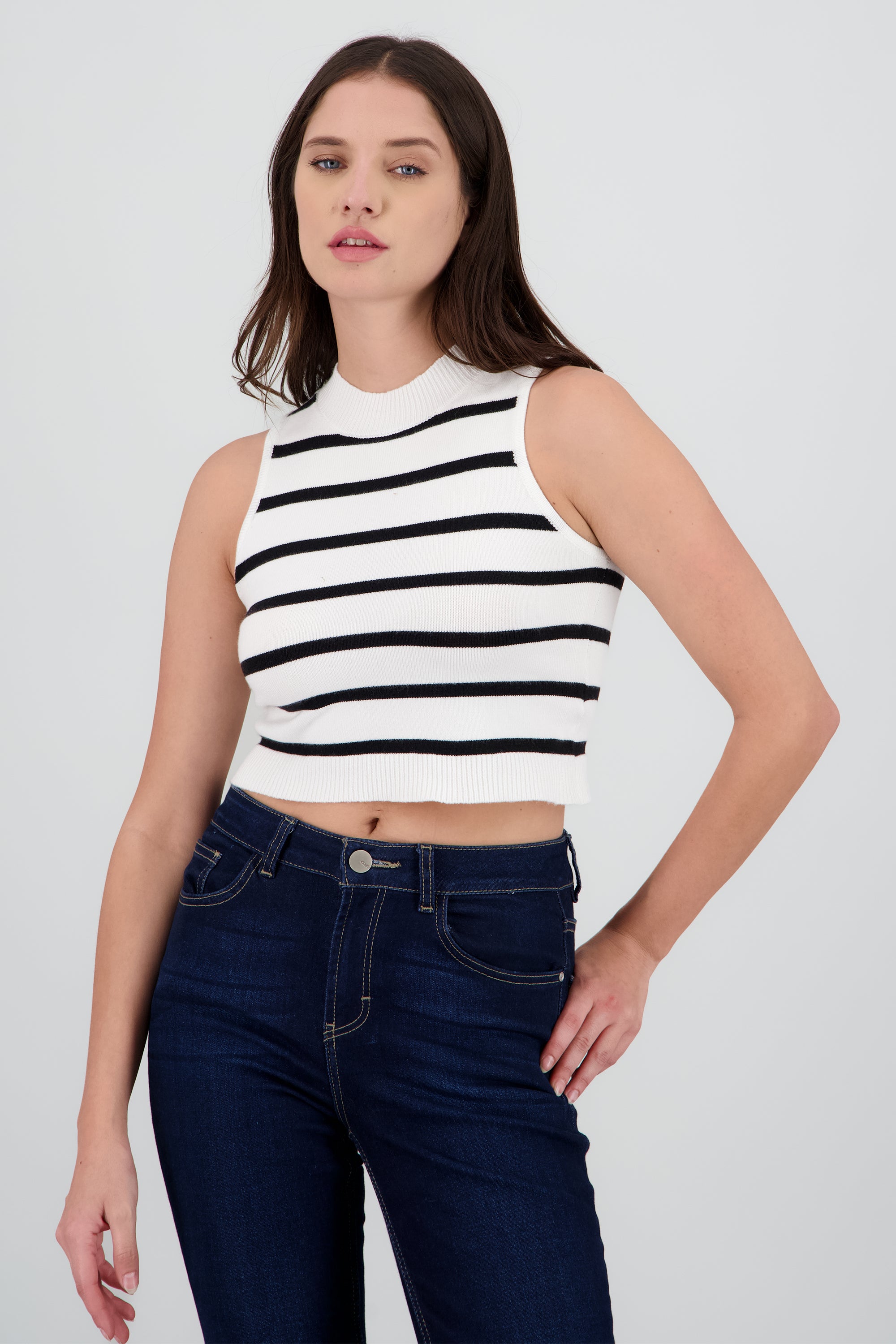 Top crop rayas cuello alto NEGRO