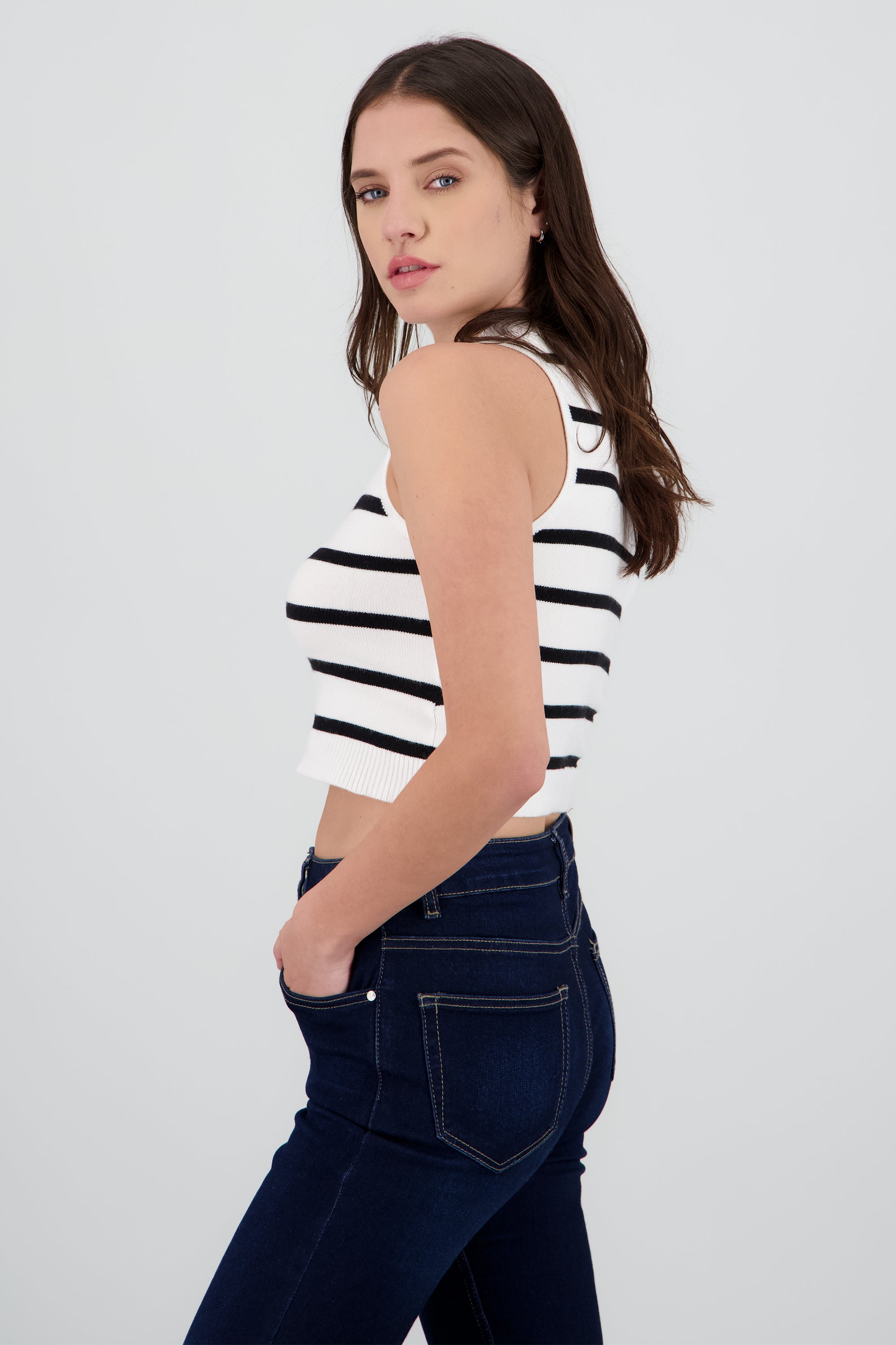 Top crop rayas cuello alto NEGRO