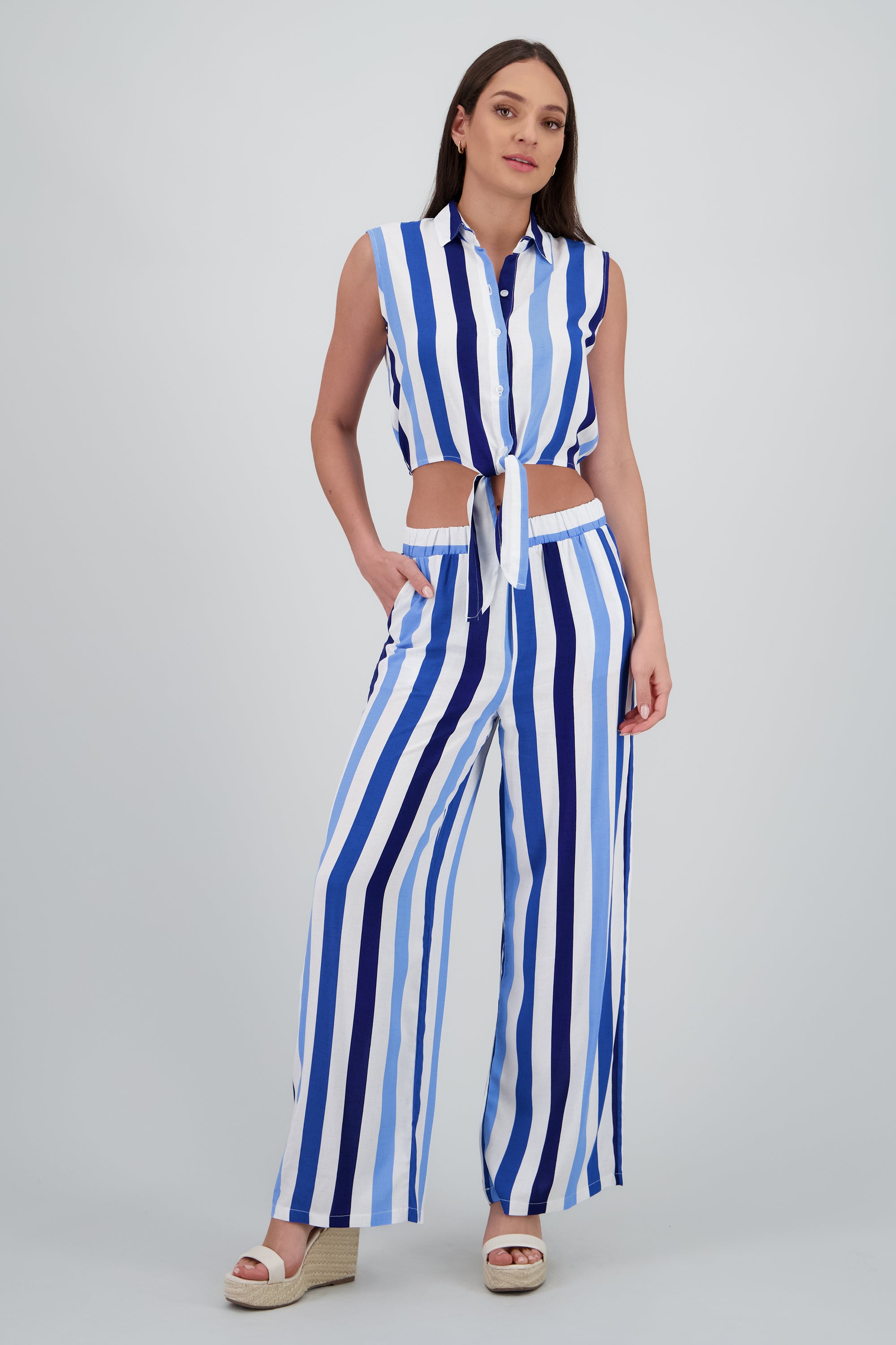 Pantalon fluido detalle resorte AZUL COMBO