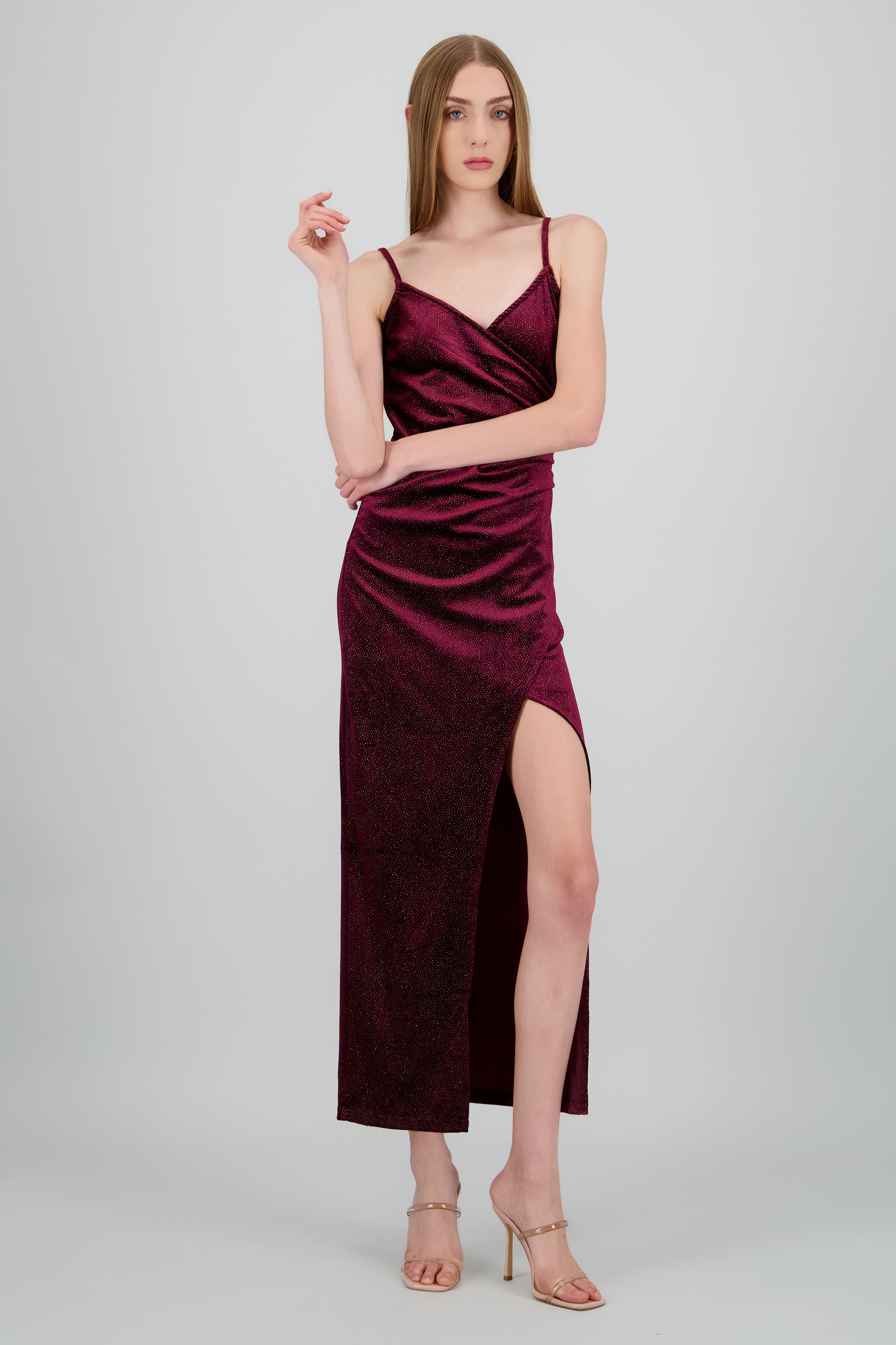 Vestido wrap drapeado terciopeolo brillos VINO