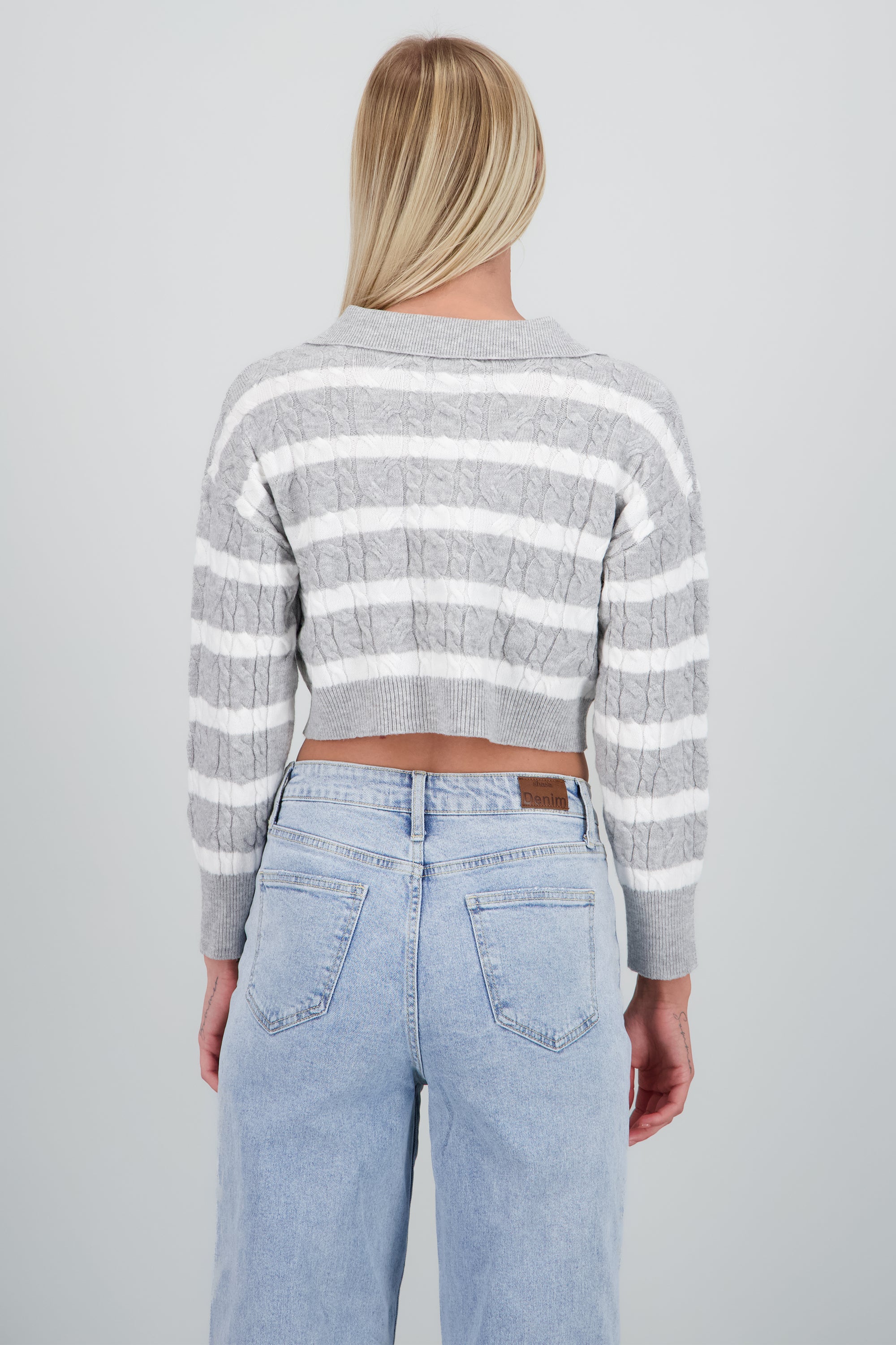 Sueter cuello polo trenzado patron rayas GRIS COMBO