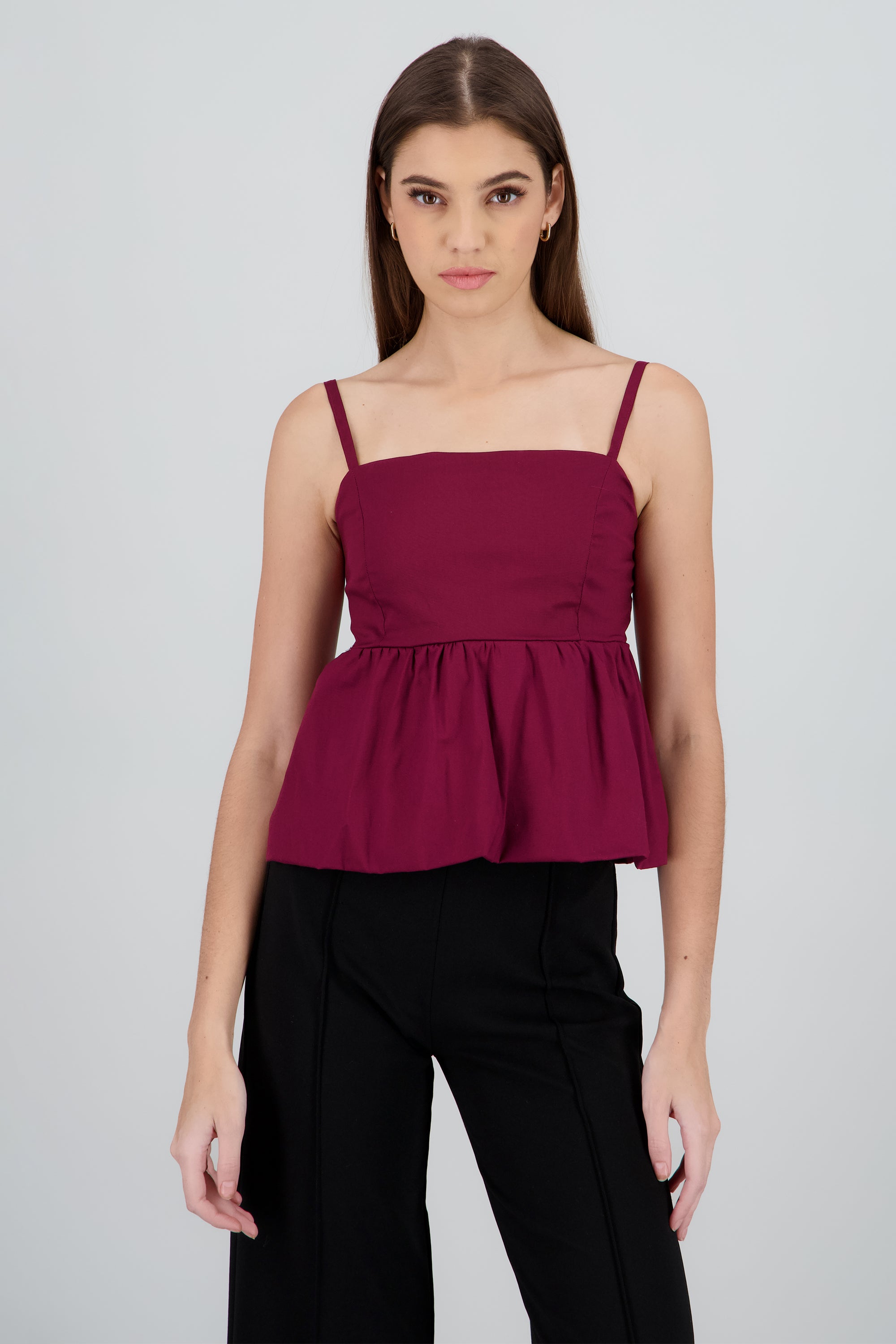 Top tirantes con olan globo CIRUELA