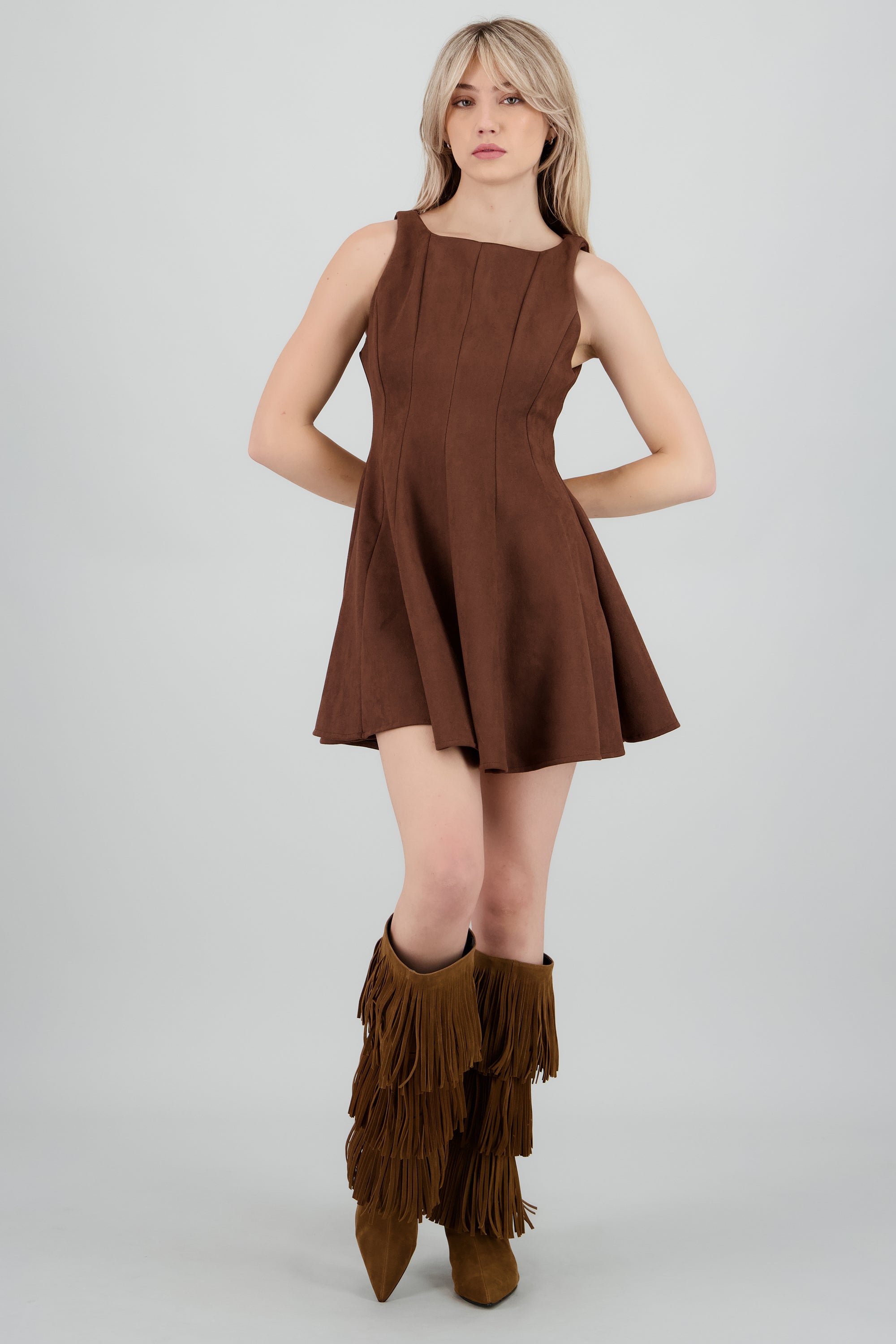 Bota alta tacon kiten flecos CAMELLO