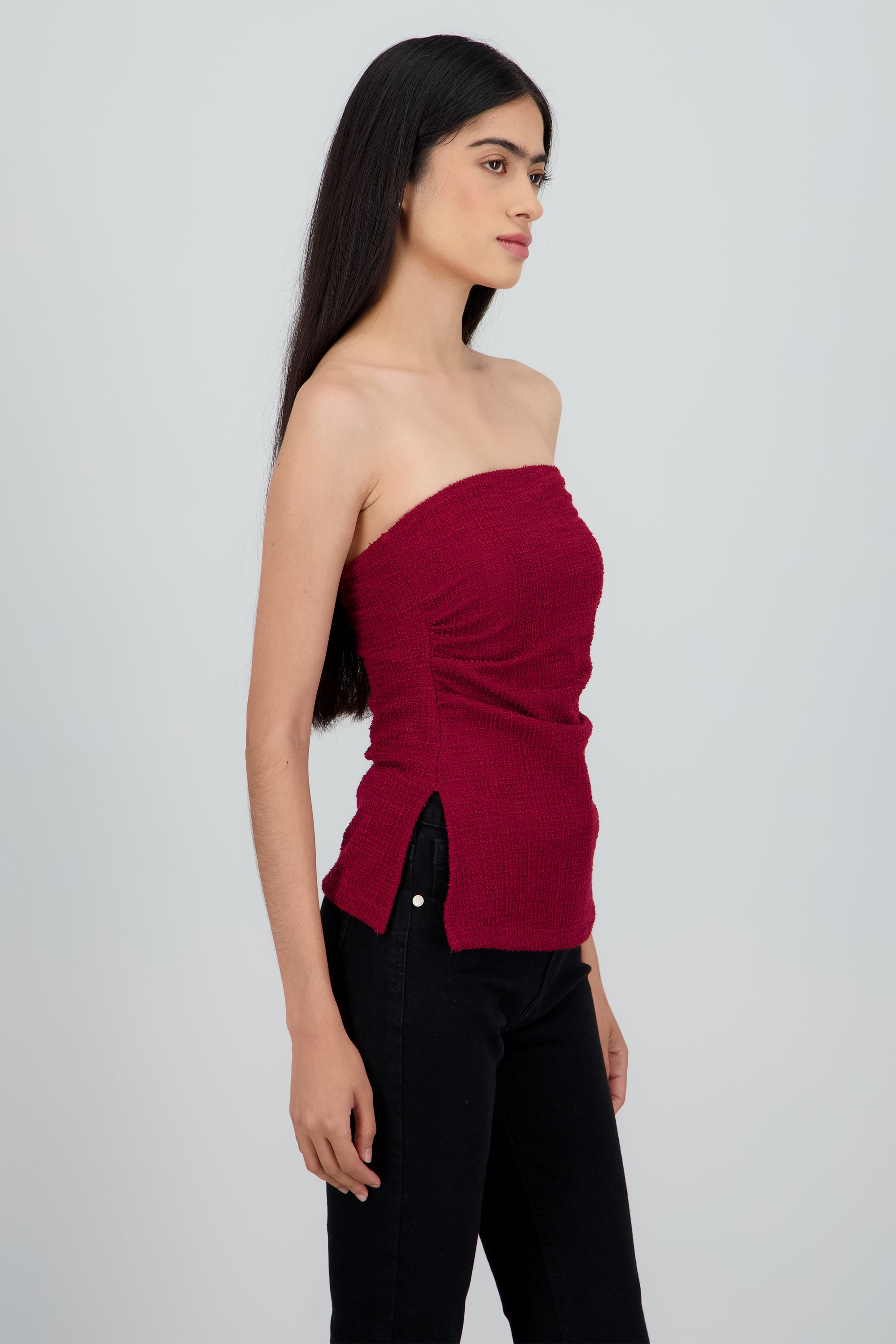 Top tubo detalle drapeado textura VINO