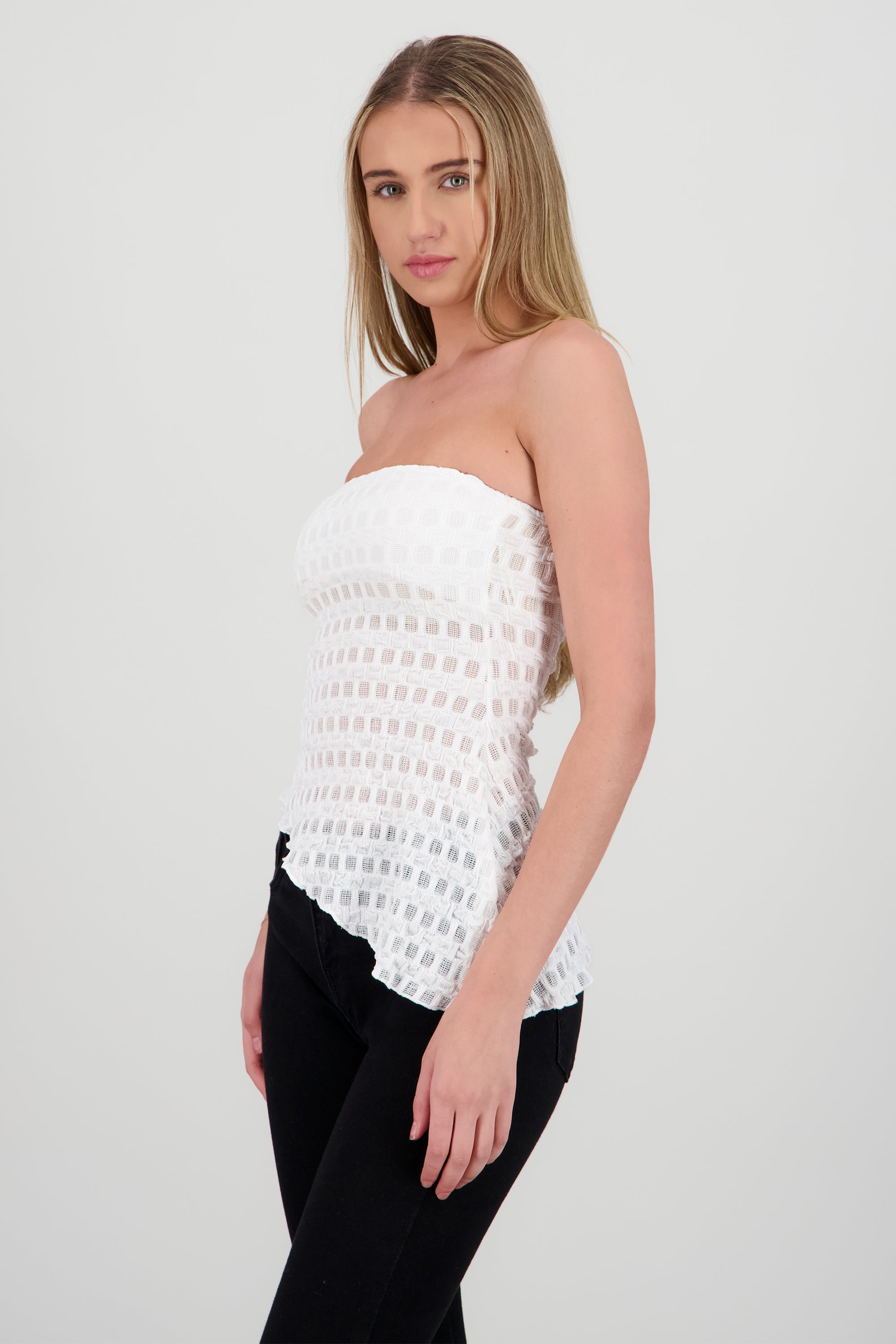 Top strapless asimetrico encaje BLANCO