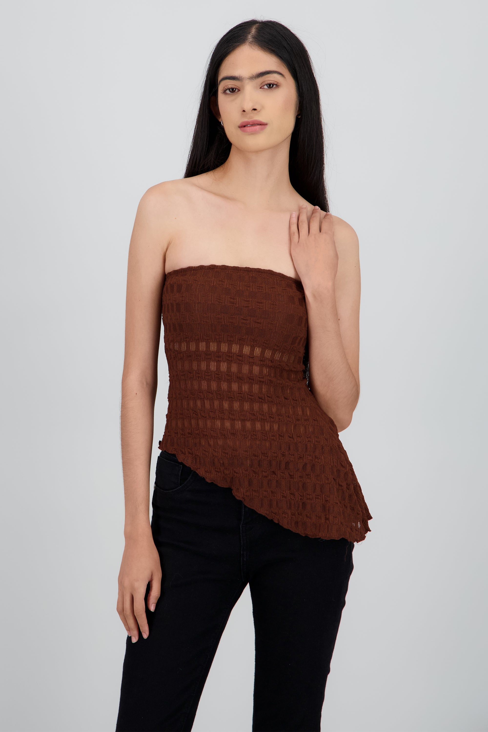 Top strapless asimetrico encaje CAFE