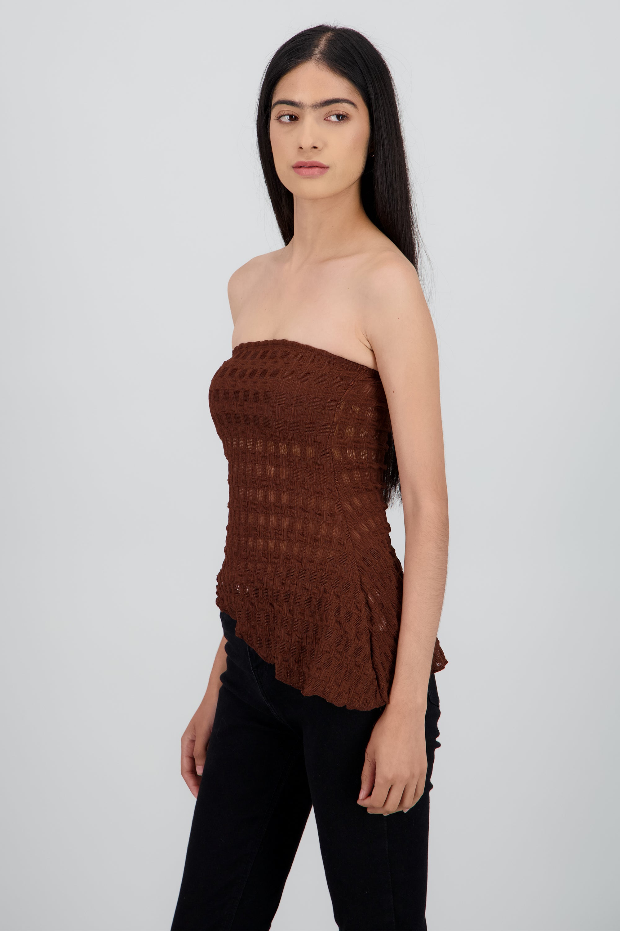 Top strapless asimetrico encaje CAFE