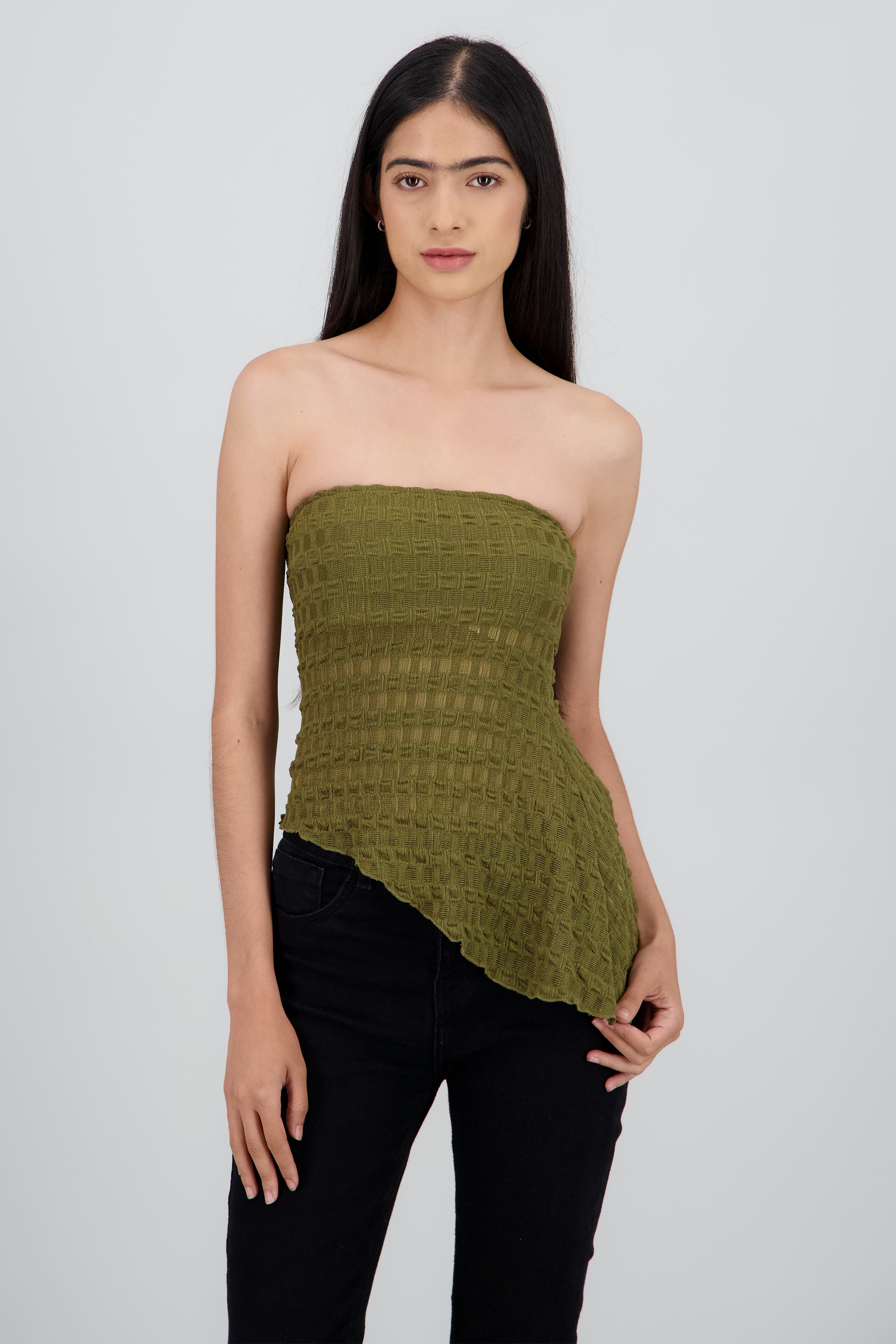 Top strapless asimetrico encaje OLIVO