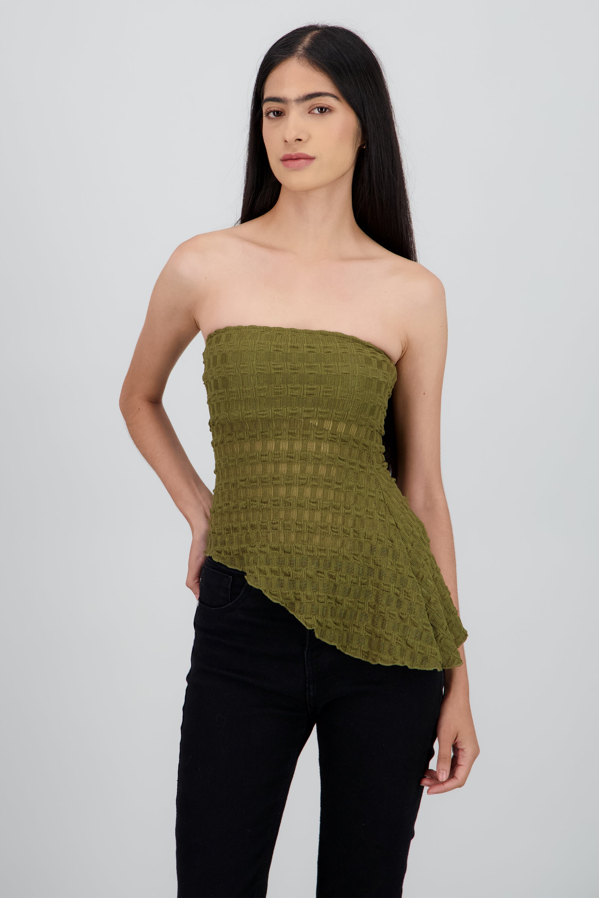 Top strapless asimetrico encaje OLIVO