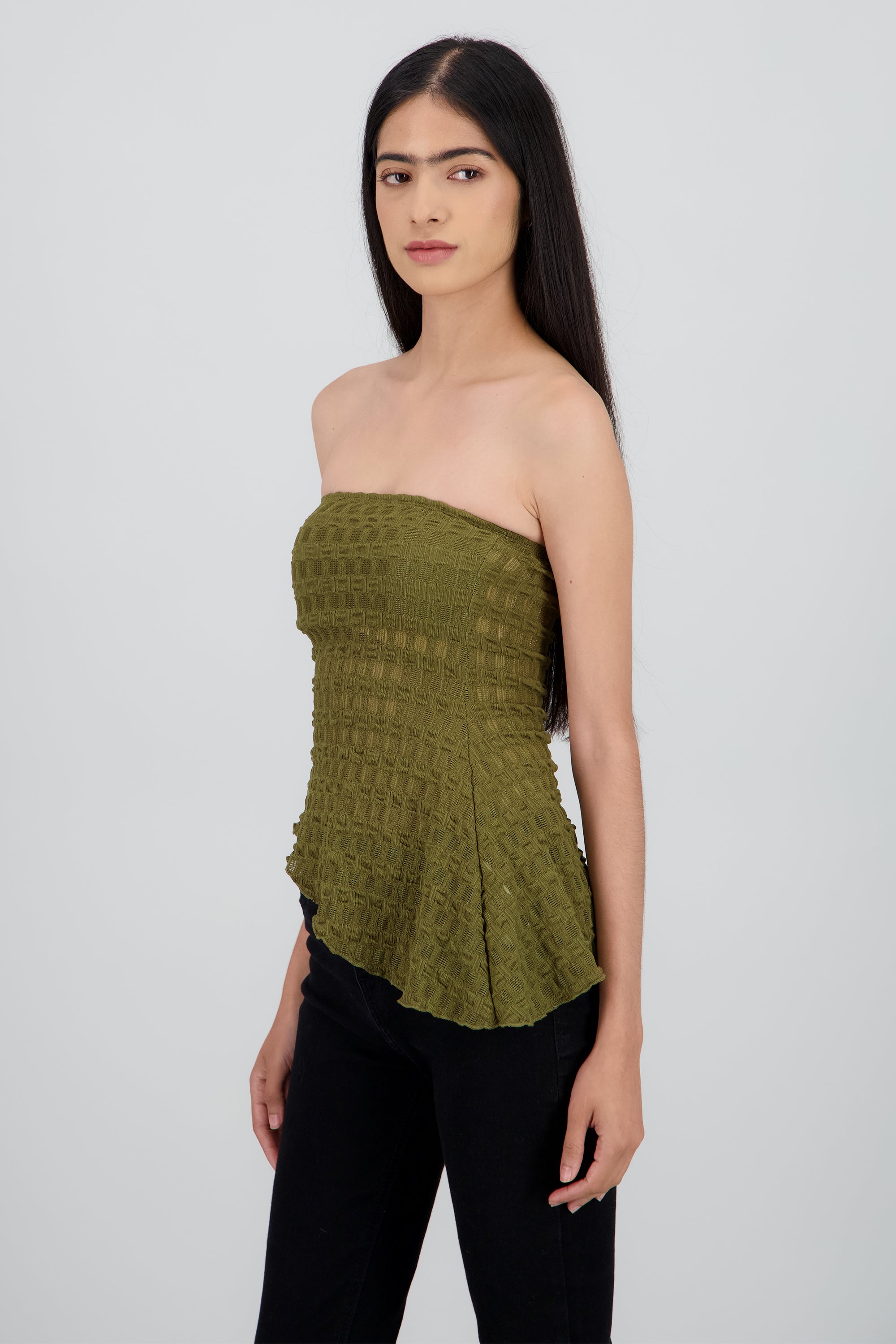Top strapless asimetrico encaje OLIVO