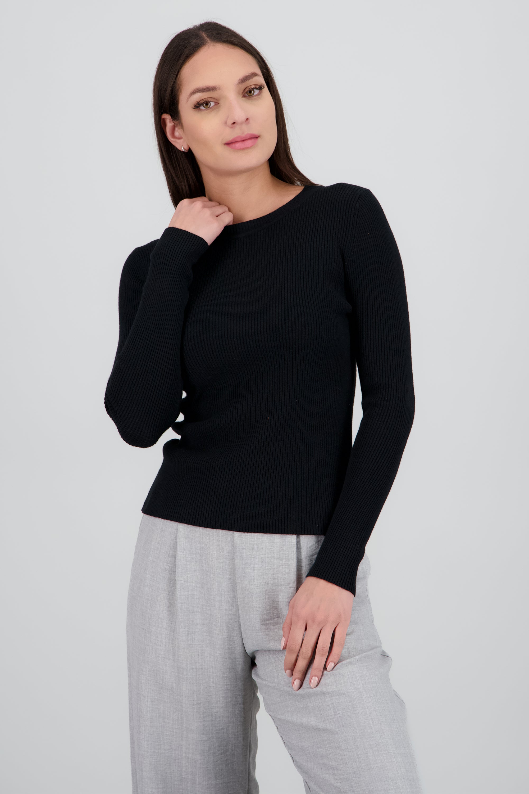 Top tejido cuello redondo manga larga NEGRO