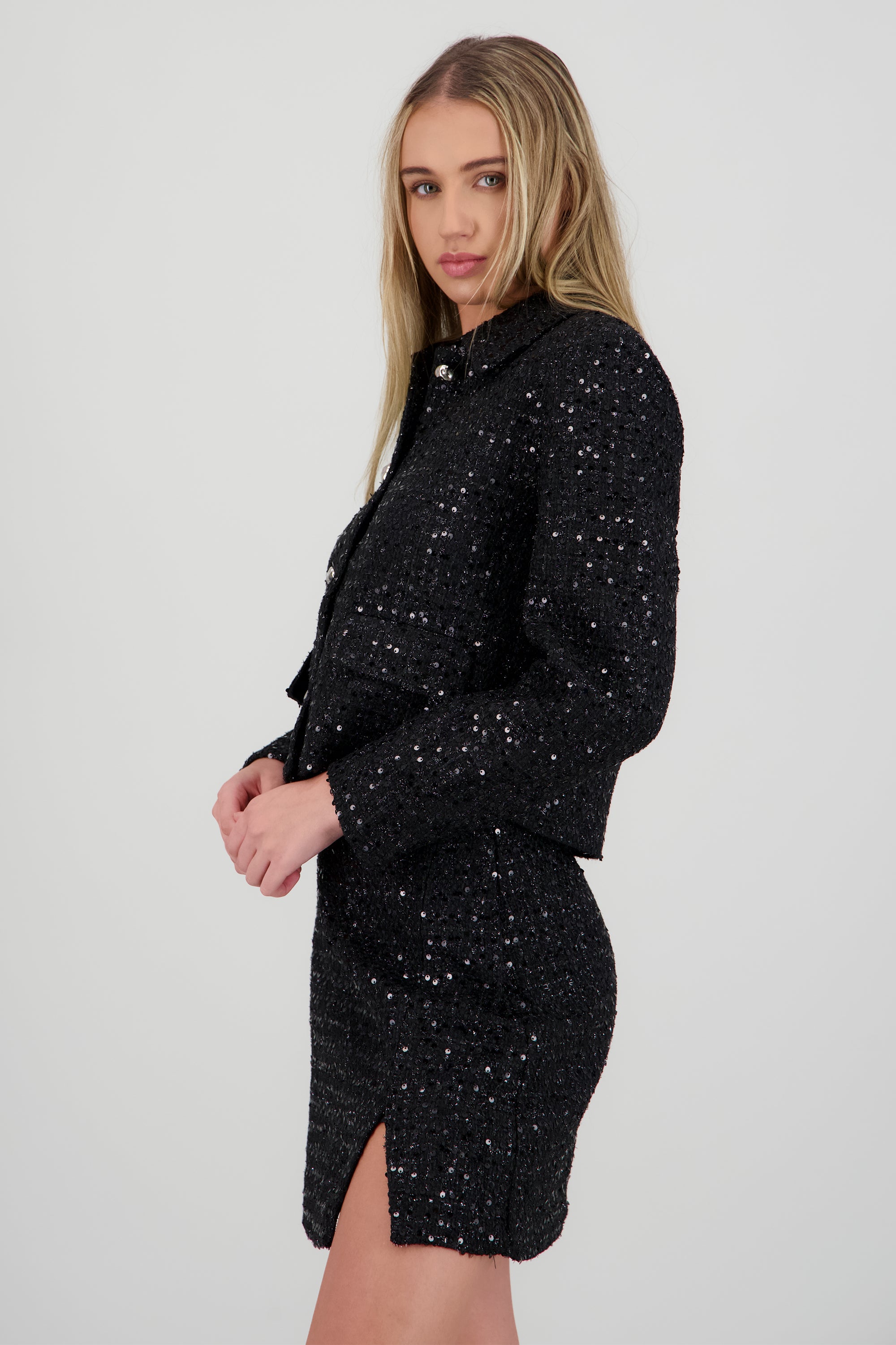 Saco crop tweed brillo NEGRO