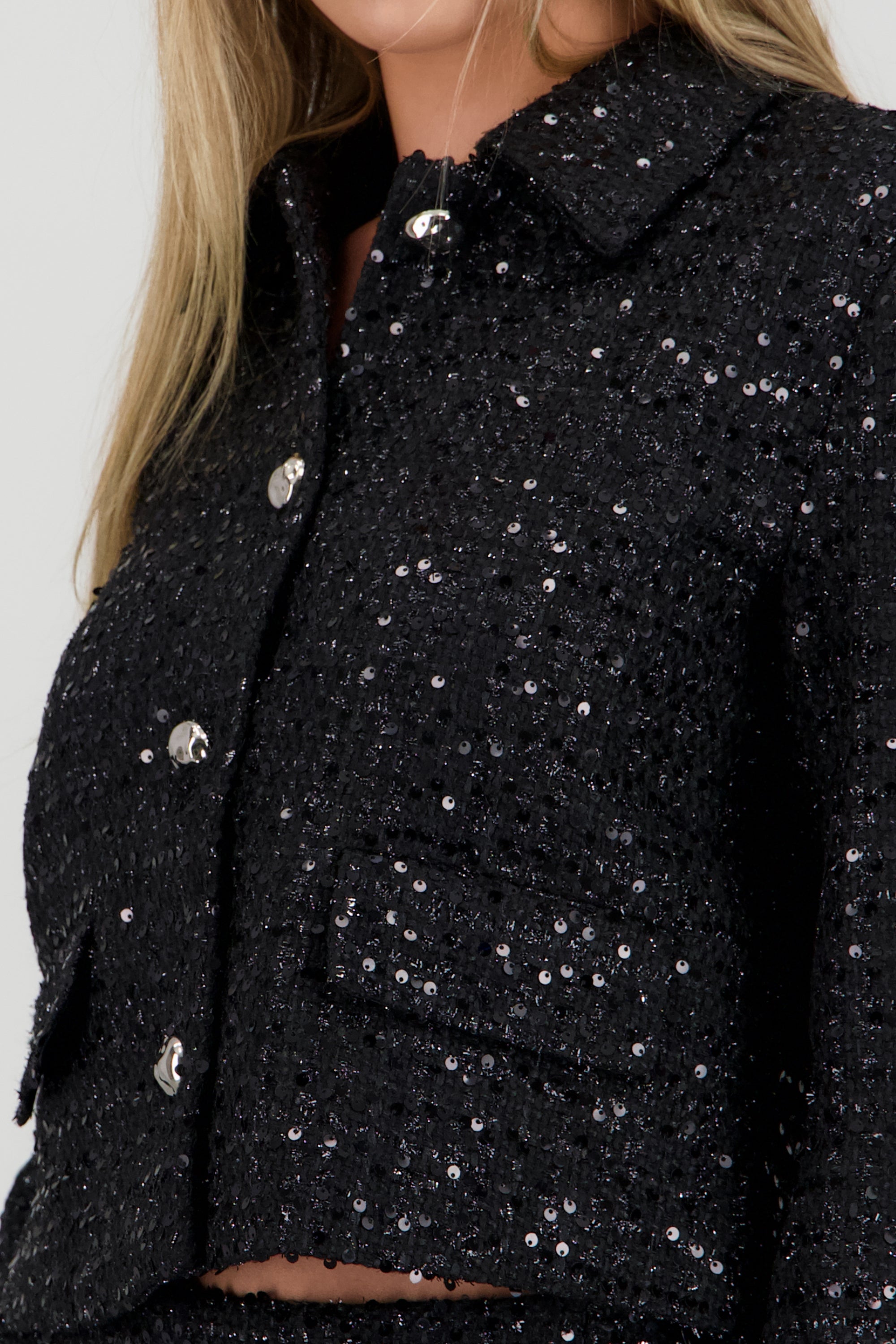 Saco crop tweed brillo NEGRO