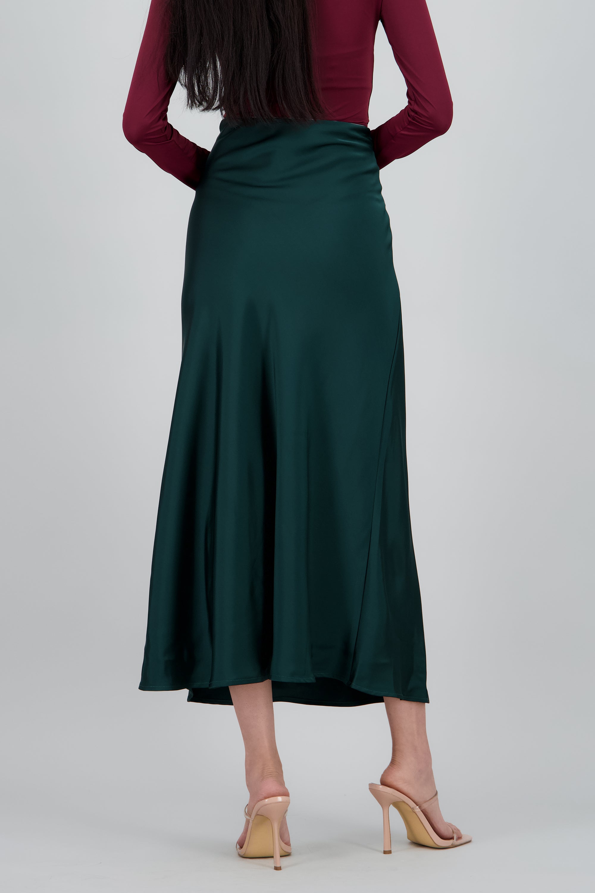Falda midi satin abertura VERDE
