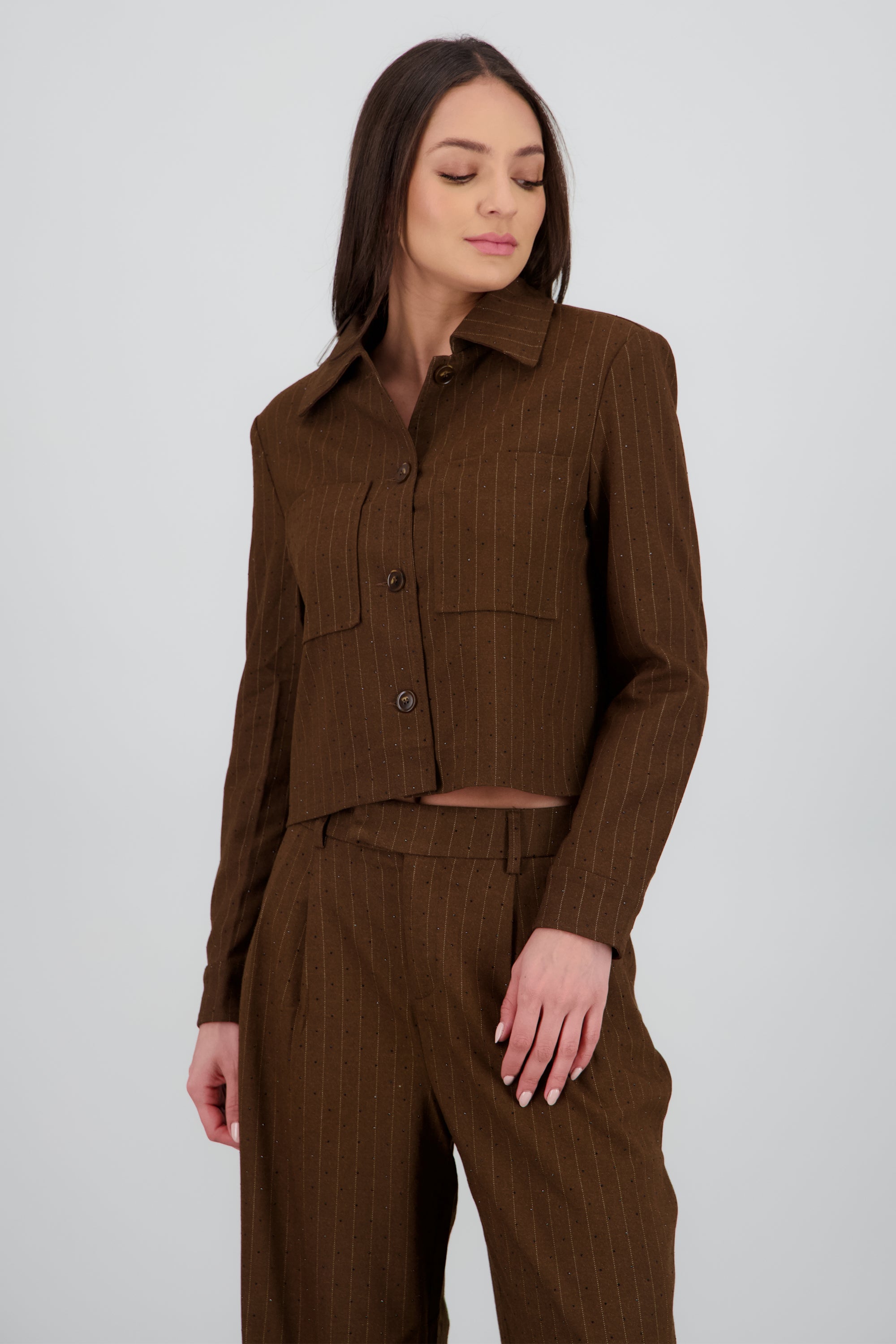Camisa lisa m/l detalle tela CAFE