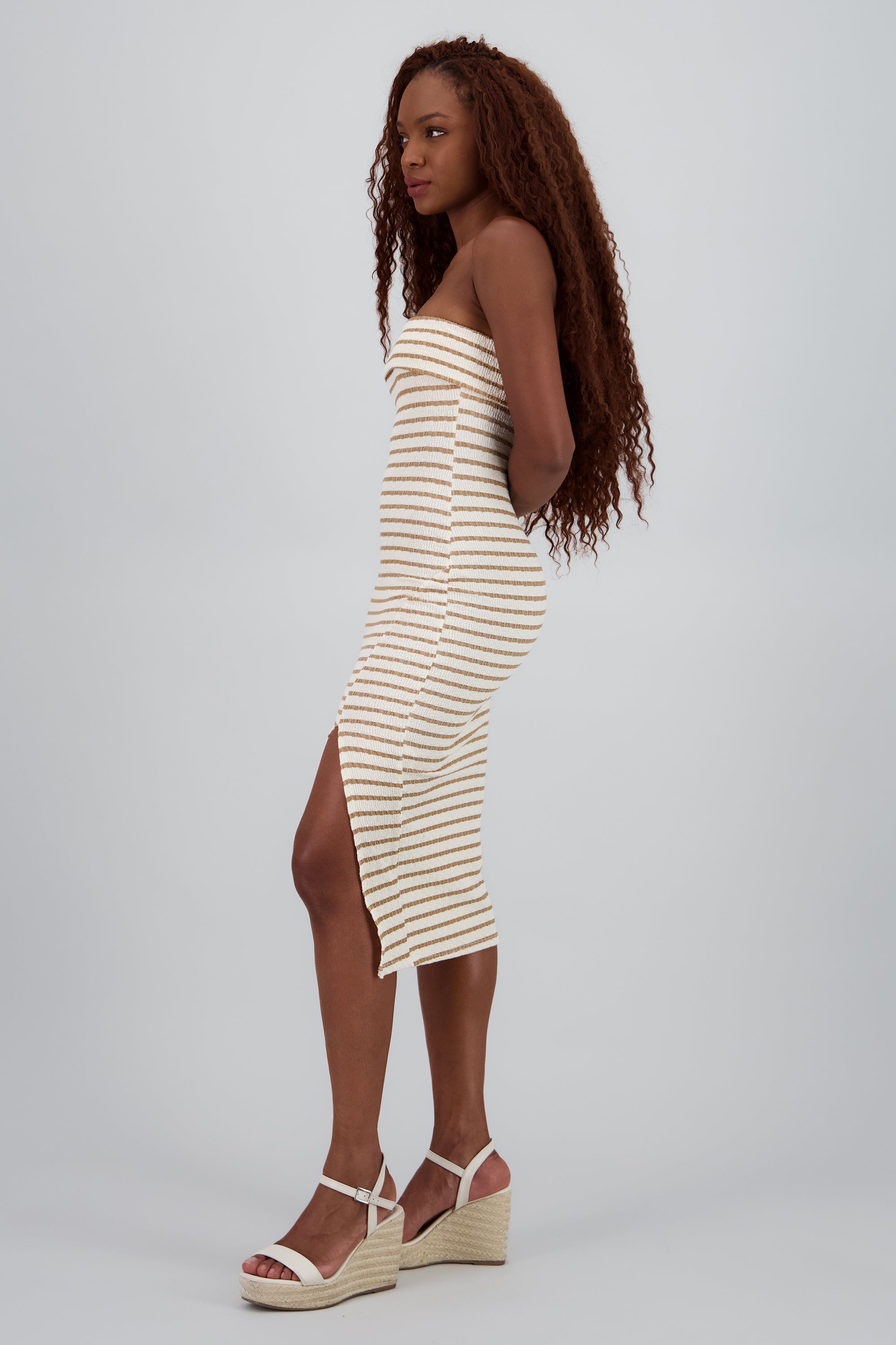 Vestido strapless rayas TAUPE