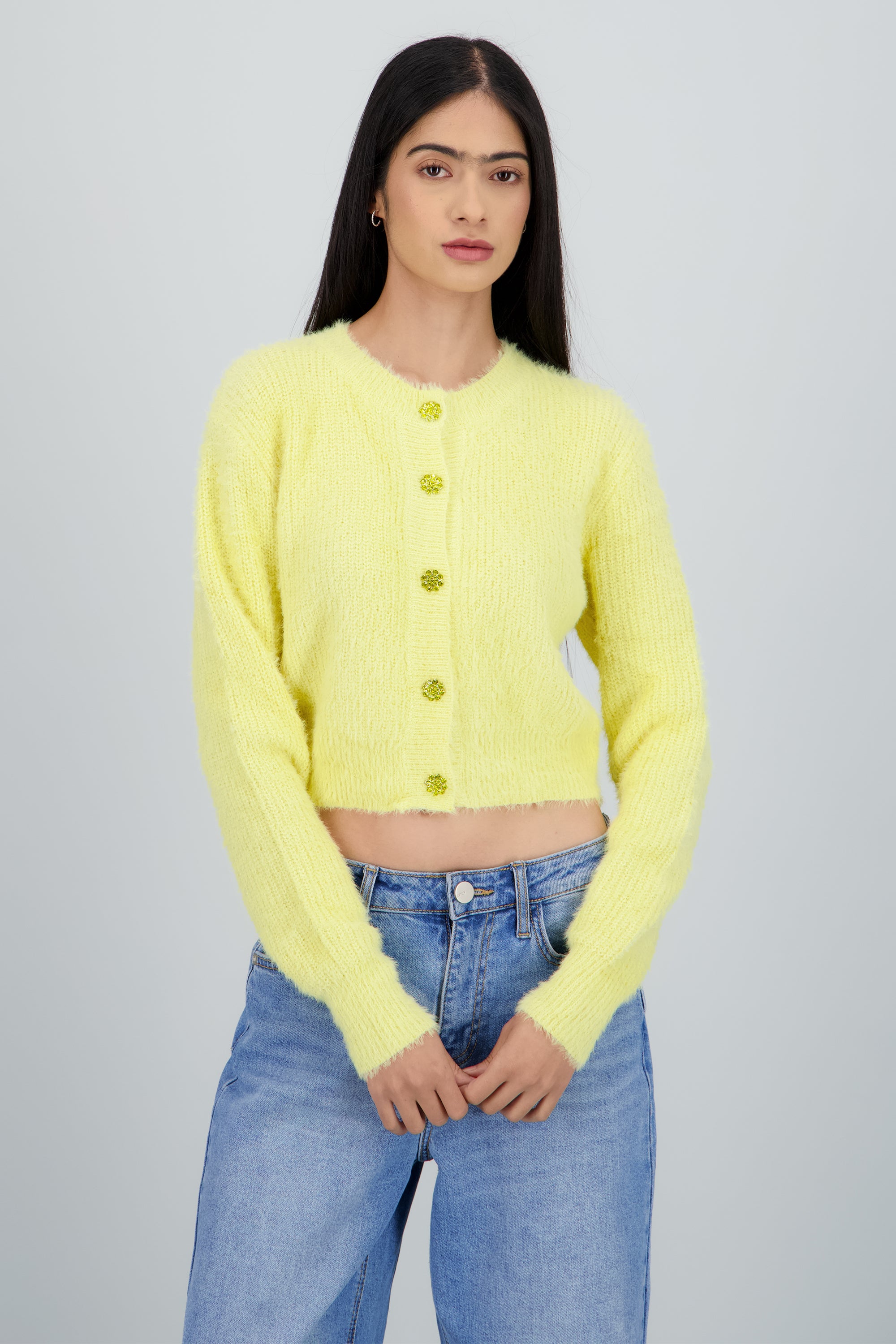 Cardigan tejido boto flores brillos AMARILLO PASTEL