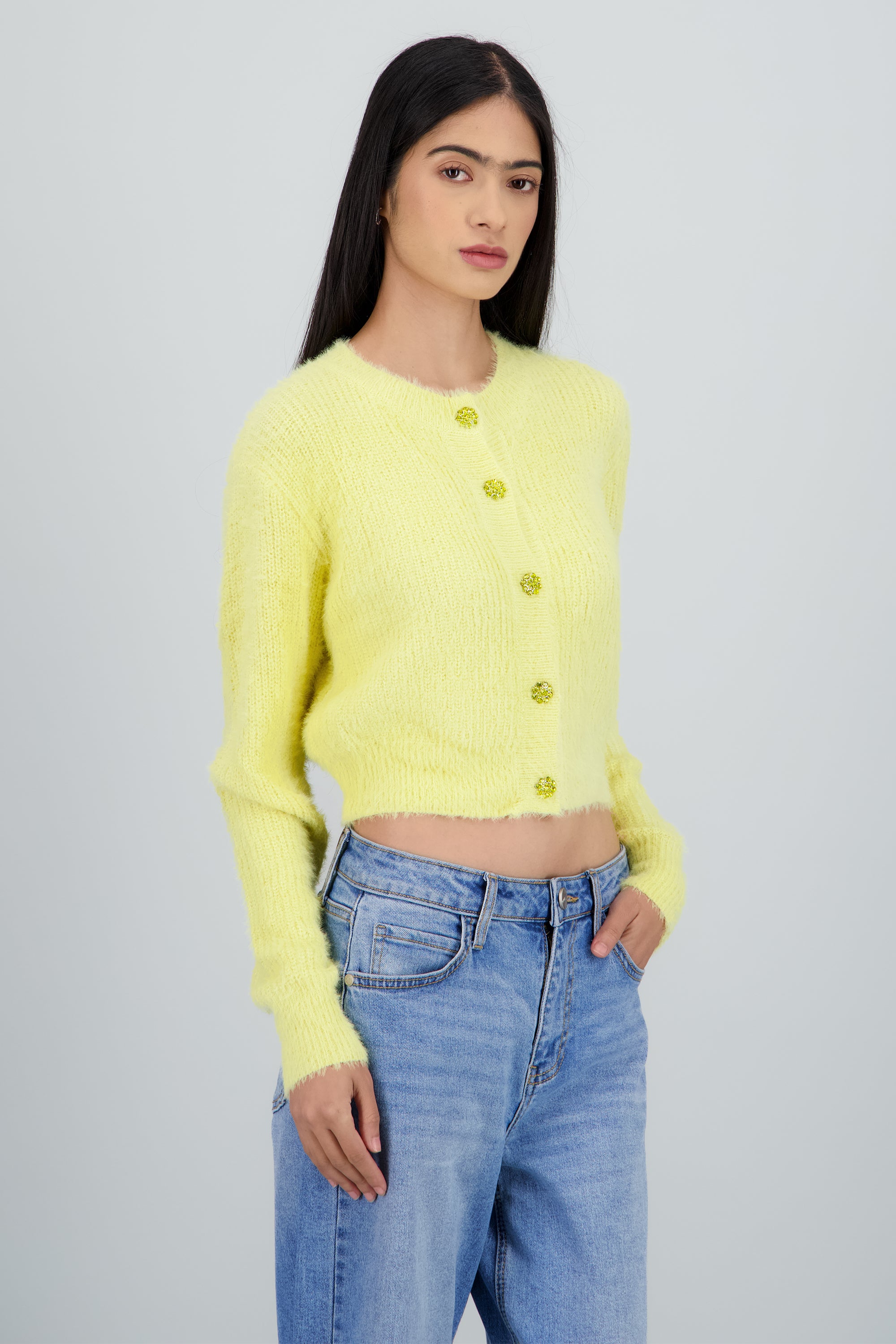 Cardigan tejido boto flores brillos AMARILLO PASTEL