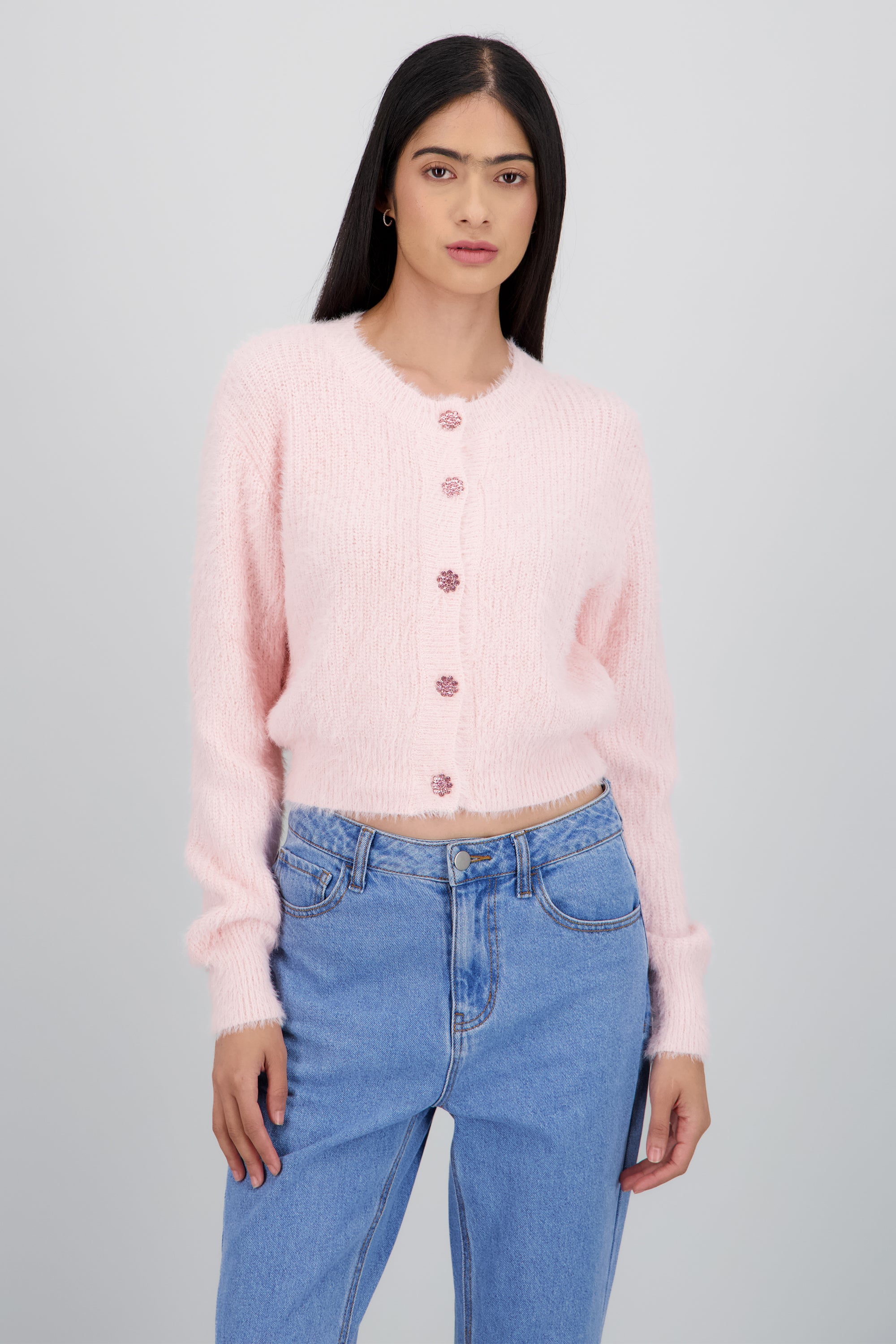 Cardigan tejido boto flores brillos ROSA PASTEL