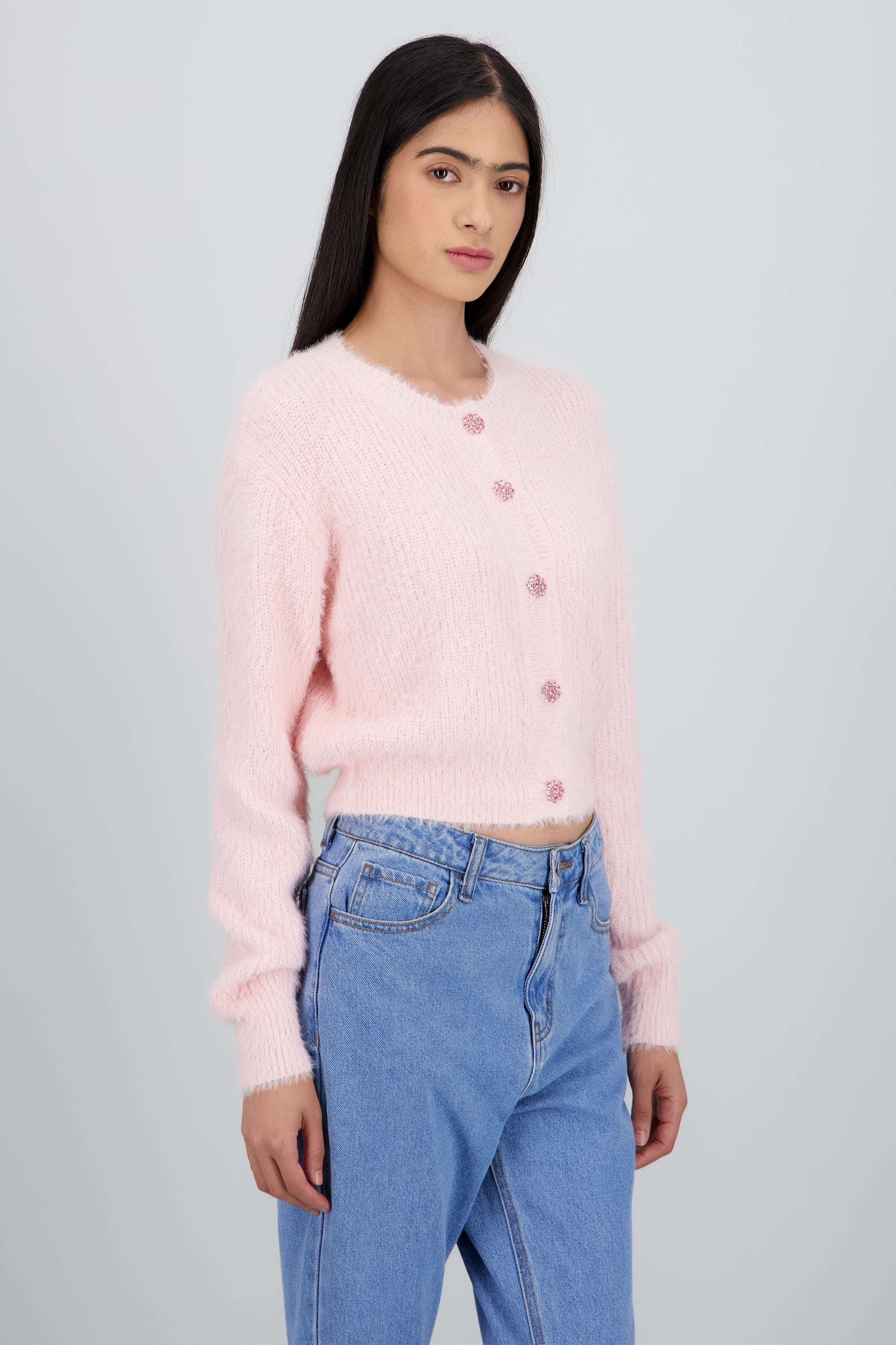 Cardigan tejido boto flores brillos ROSA PASTEL