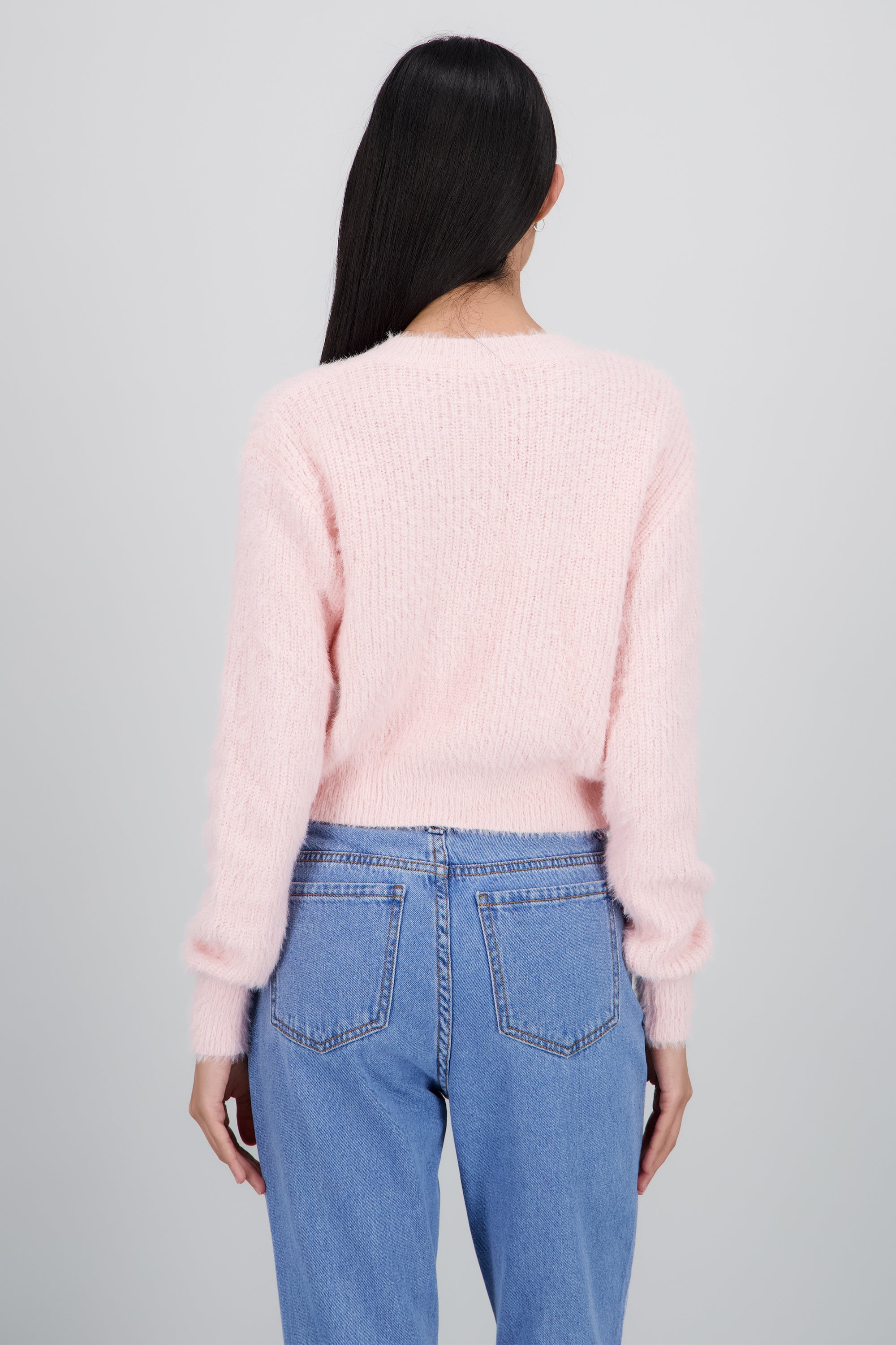 Cardigan tejido boto flores brillos ROSA PASTEL