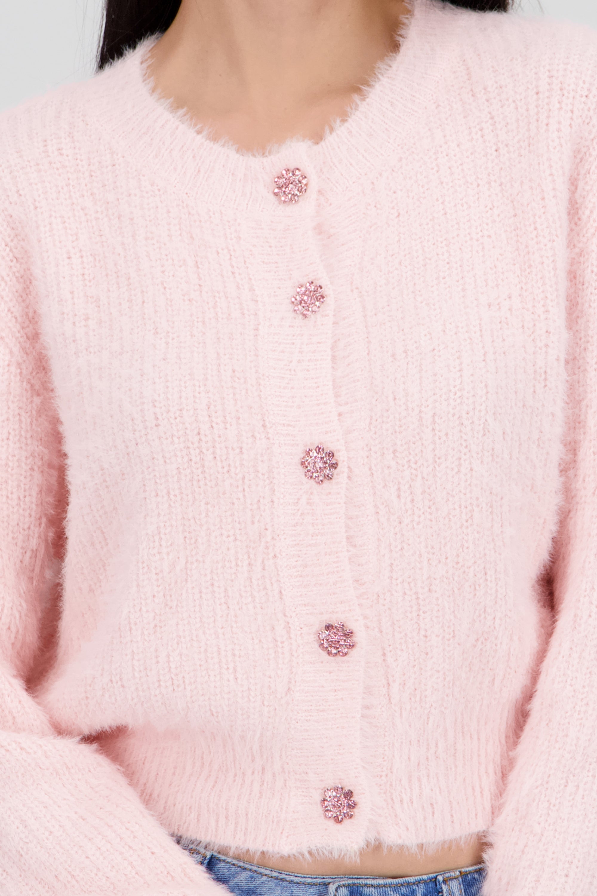 Cardigan tejido boto flores brillos ROSA PASTEL