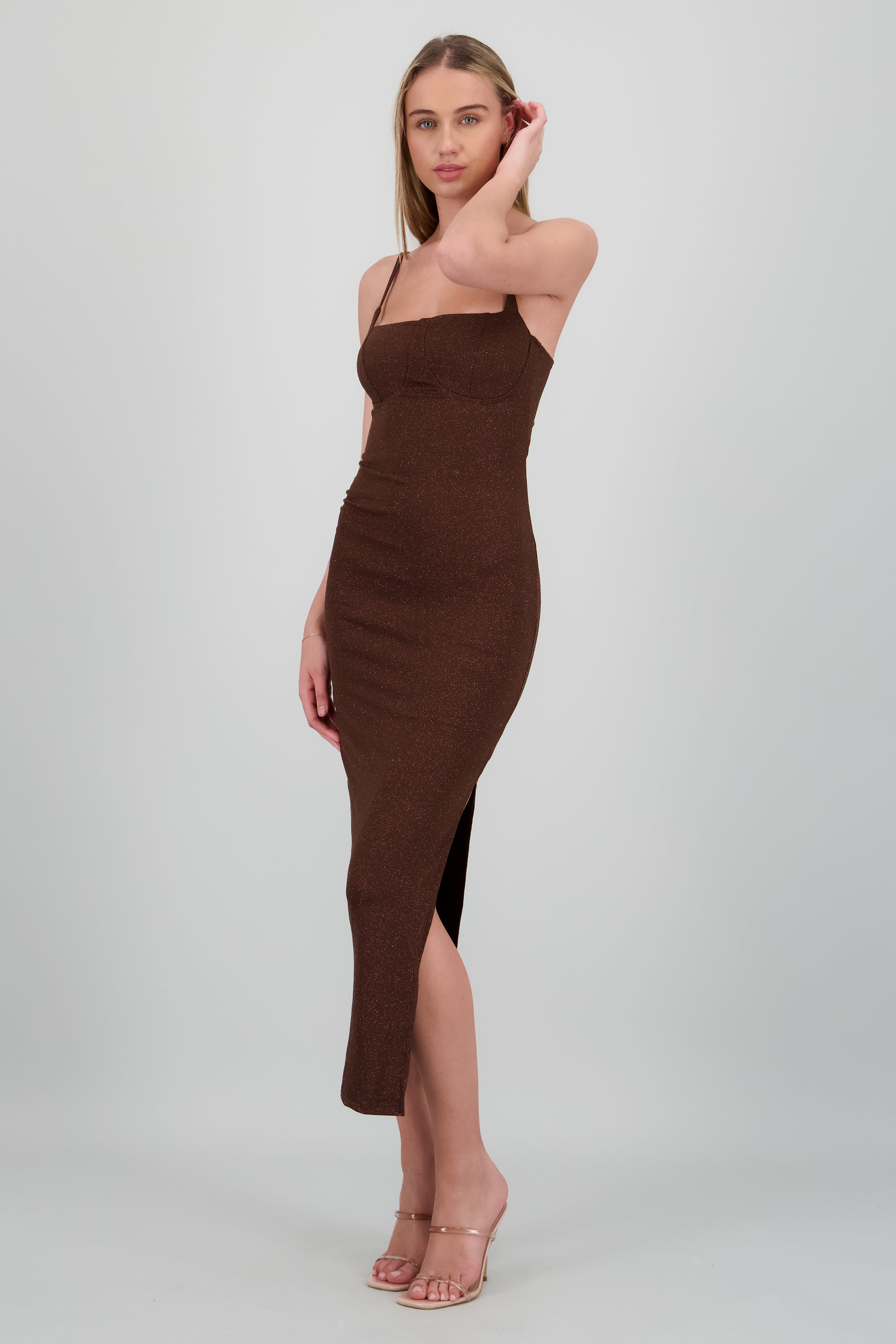 Vestido brillos liso CAFE